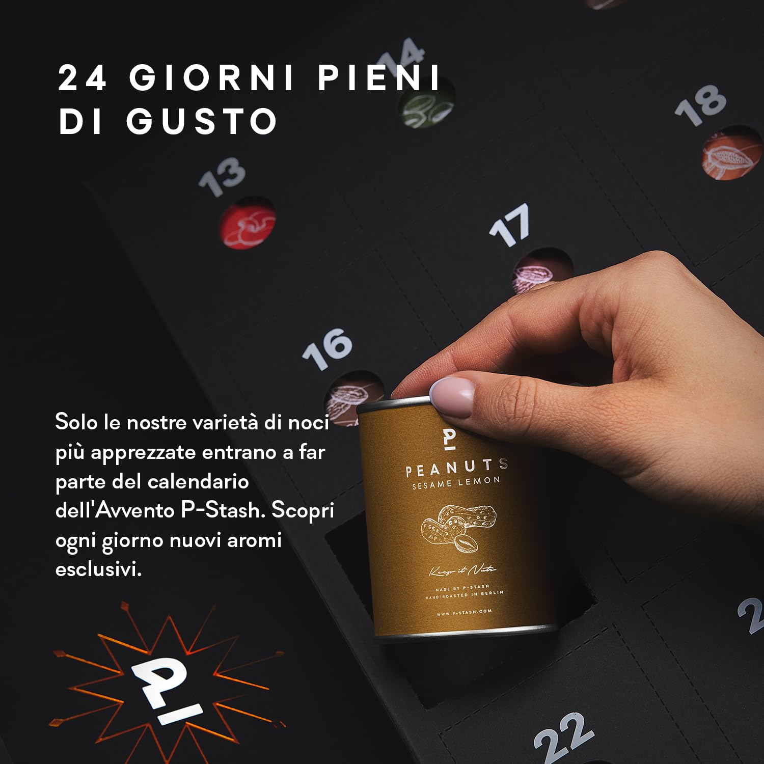 Calendario dell'Avvento P-Stash 2025 - Calendario di Natale con frutta secca e cioccolato - Pistacchi, mandorle, nocciole, arachidi e molto altro ancora. - Miscela di frutta secca con spezie uniche