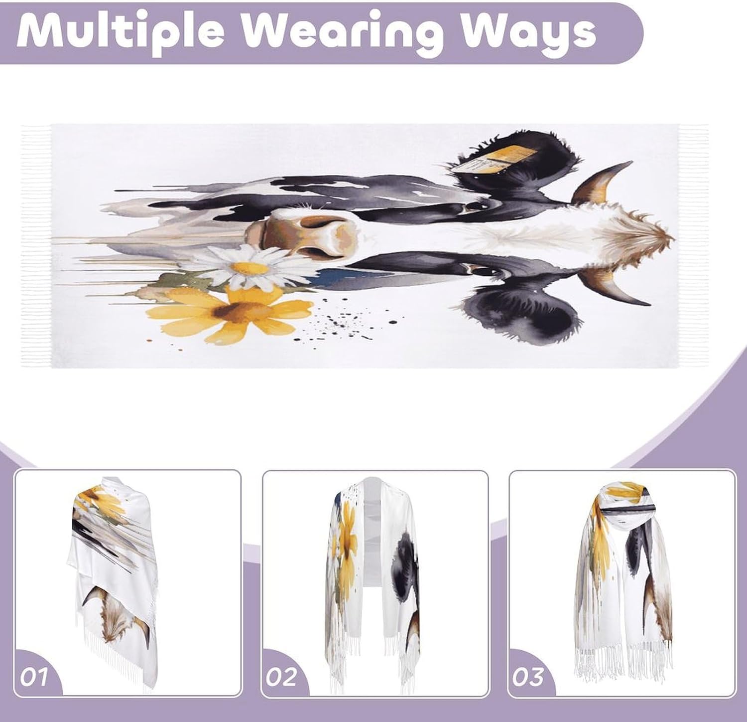 Watercolor Cow And Daisy Flower Scarf for Women Men Soft Warm Fashion Blanket Scarves Classic Cashmere Feel Scarf Long Shawl Large Scarves Cold Weather Thick Blanket Scarfs