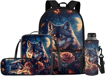 JEOCODY Kids Backpack Set 4 Piece School Bag with Lunch Bag Pencil Case Water Bottle Holder for Boys and Girls