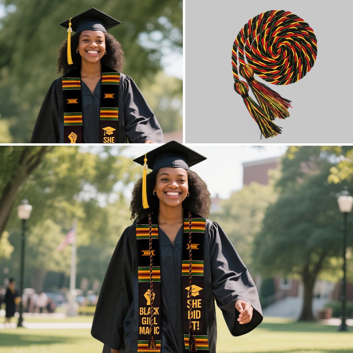 Kente Graduation Stole 2026 with Honor Cord Set Girl Magic Graduation Sash 2026 African Kente Scarf for Black Women She Did It Graduation Gifts 2026 Multicolor