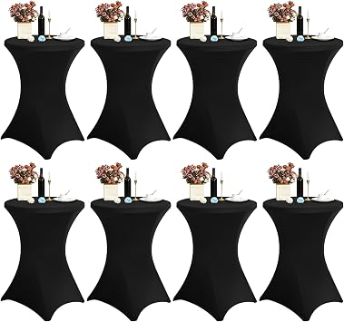 8 عبوات أغطية طاولات كوكتيل سباندكس مقاس 32x43 بوصة، أغطية طاولات عالية الارتفاع للطاولات المستديرة، مفرش طاولة كوكتيل بزوايا مربعة لحفلات الزفاف وحفلات الكوكتيل وحفلات أعياد الميلاد 8 قطع أسود