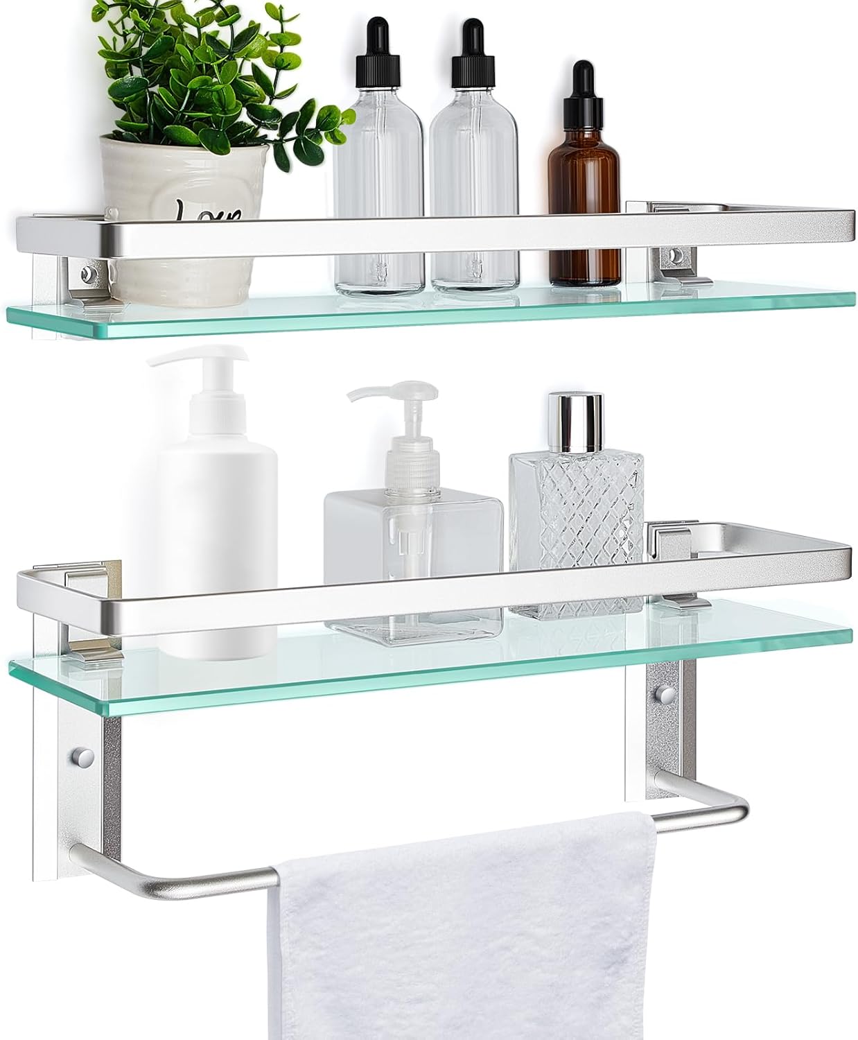 Suzile Set of 2 Glass Bathroom Shelf with Towel Bar, 15.7 x 4.72 Inches, Contemporary Bathroom Shelf Floating Shelves Hanging Metal Room Shelves Rustproof Wall Mount Organizer Decorative(Silver)