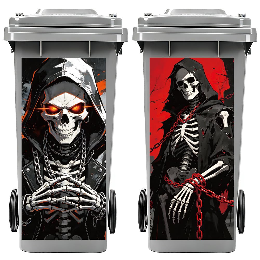 Peacoblue Punk Skull Trash Can Sticker, Waterproof Wheelie Bin Decal