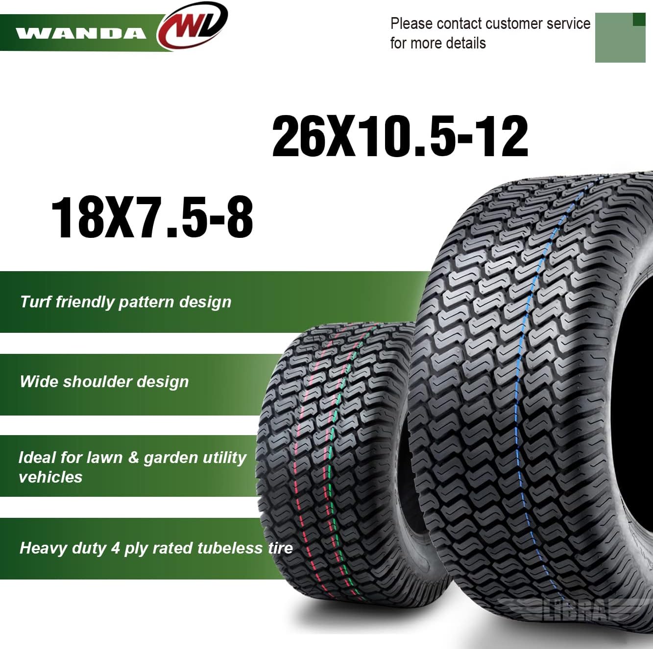 WANDA (Set 4) 18X7.5-8 & 26X10.5-12 Lawn Mower Tractor Cart Turf Tires 4 Ply-13027/13055