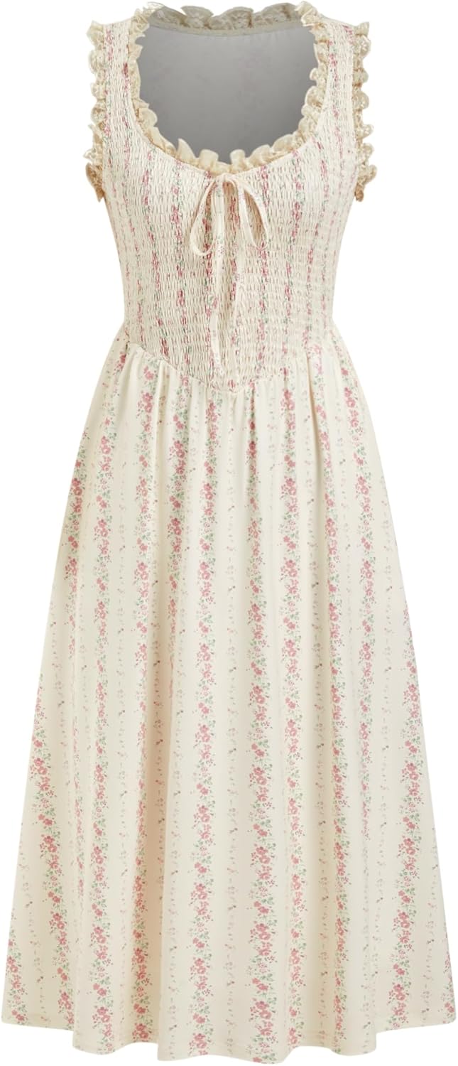 CIDER Womens Floral Summer Dresses Wedding Guest Dress Smocked Lace Square Neck Sleeveless Midi A Line Casual Sundress