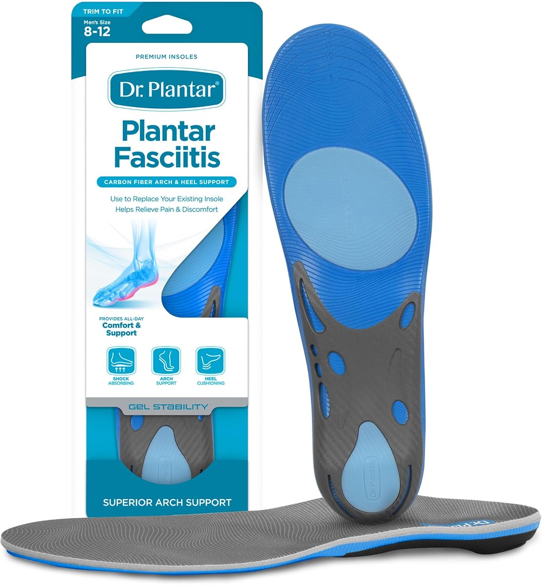 Insoles for Men, Arch Support, Heel Cushion, Memory Foam, Gel Stabilizers, Sizes 8-12, Trim to Fit, Helps Relieve Pain from Plantar Fasciitis