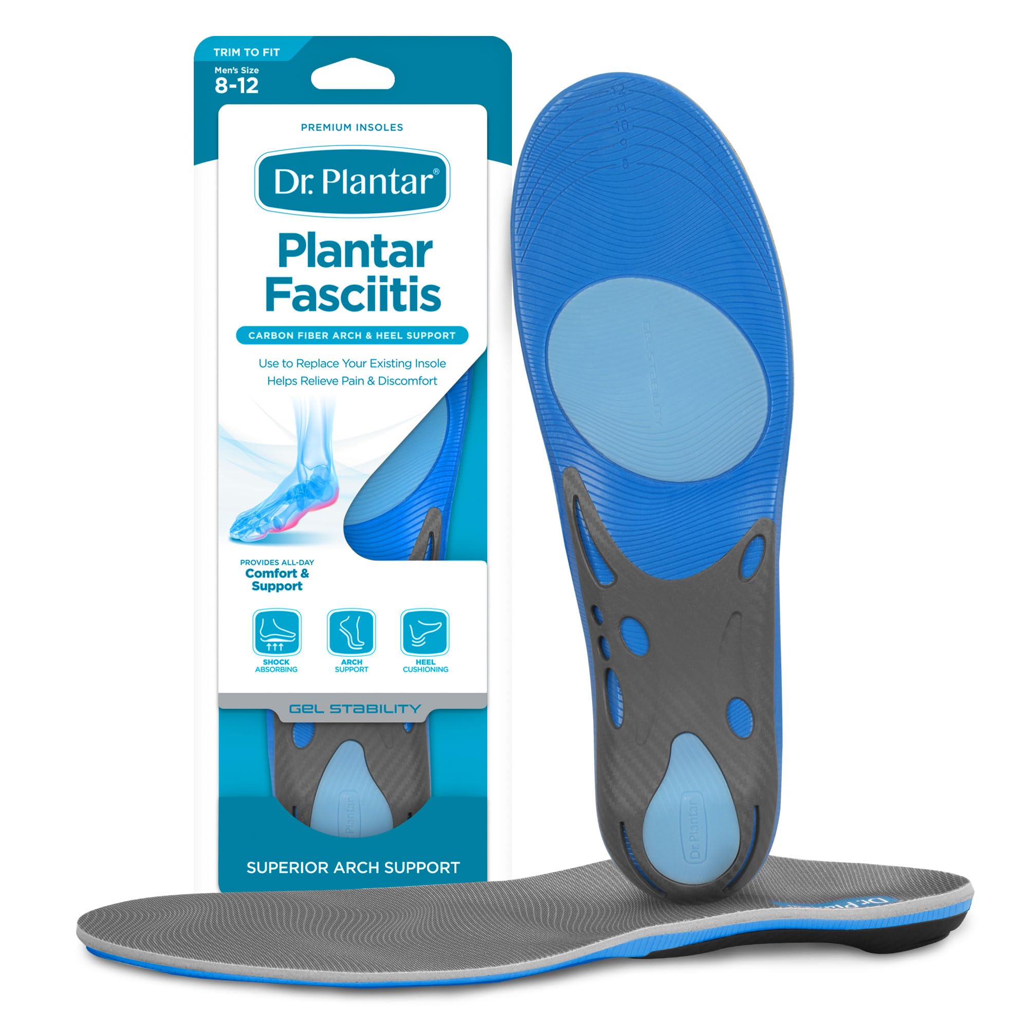 Dr. Plantar Insoles for Men, Arch Support, Heel Cushion, Memory Foam, Gel Stabilizers, Sizes 8-12, Trim to Fit, Helps Relieve Pain from Plantar Fasciitis