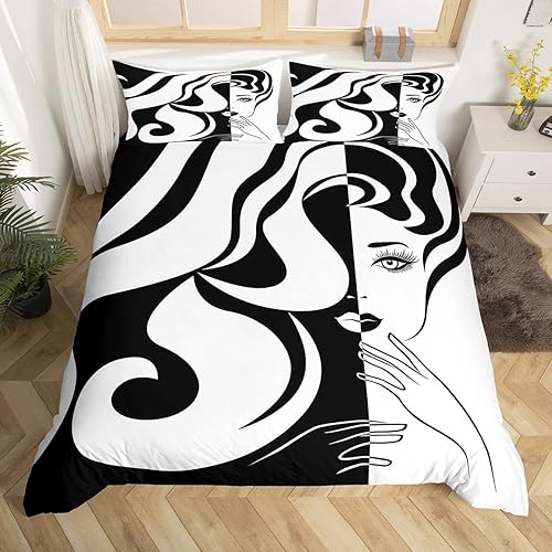 Miniatura 2 de Erosebridal Juego de ropa de cama de arte abstracto, funda de edredón en blanco y negro, funda de edredón geométrica a rayas, tamaño individual,