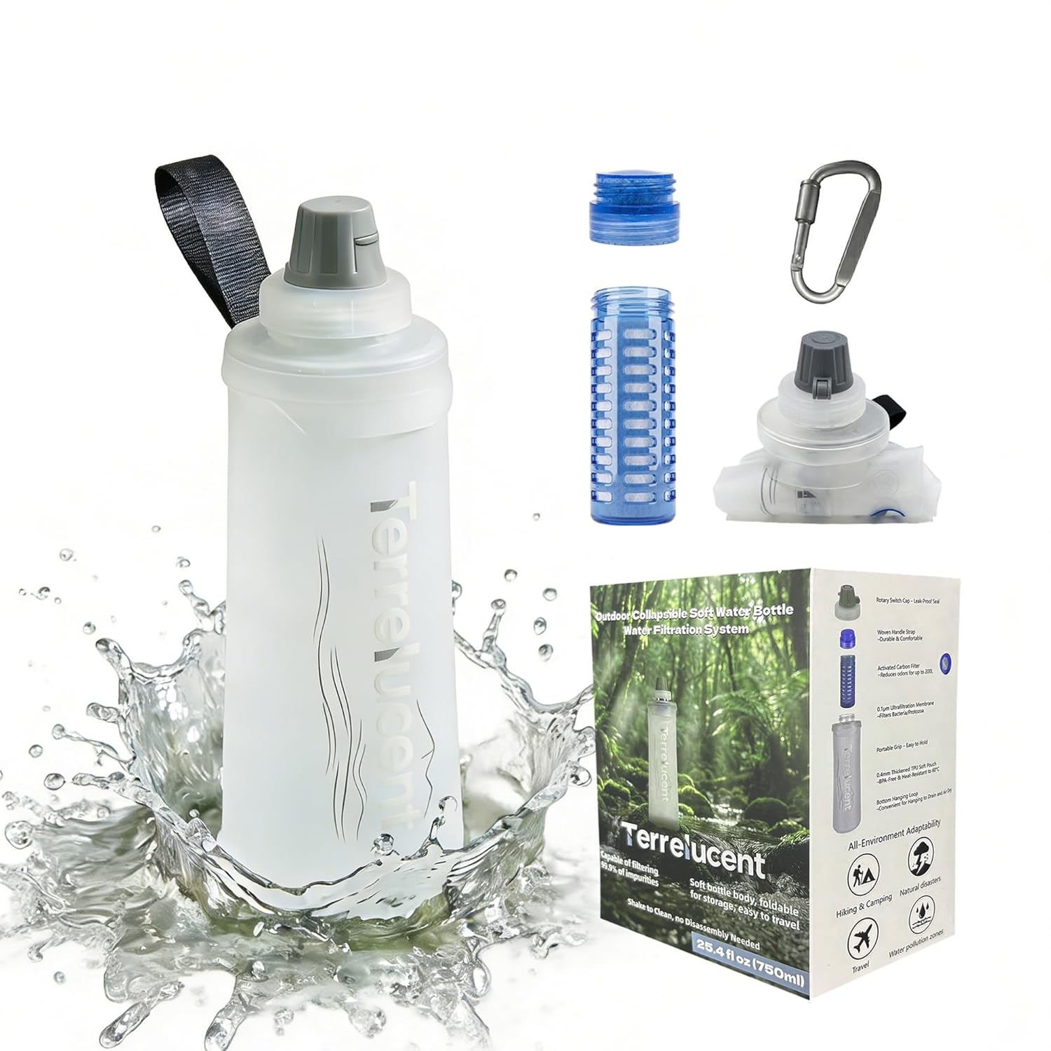 750ML Collapsible Water Bottle with Filter, Squeeze Filtered Water Bottle, BPA-Free, Dual Filtration, Ultralight Water Filter System for Hiking, Camping, Backpacking (White, 25.4 OZ)