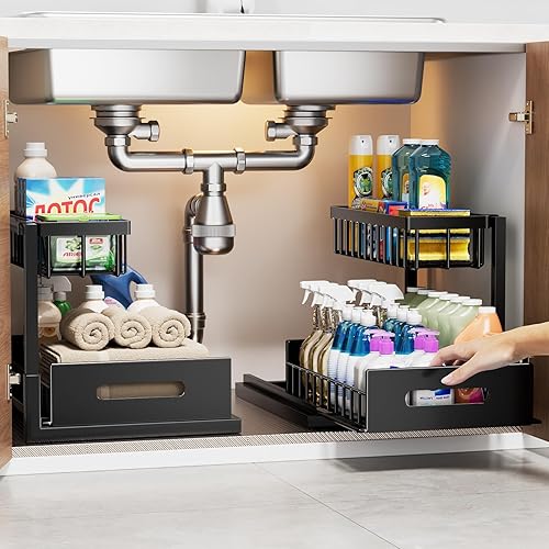 Under Sink Organizer, 2-Tier Under Kitchen Bathroom Sink Organizers and Storage No Drilling Rustproof Stainless Steel Pull Out Shelf for Kitchen Bathroom, USO-2