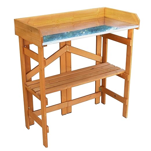 Merry Garden Folding Utility Table & Potting Bench, Natural Stained with Adjustable Shelf