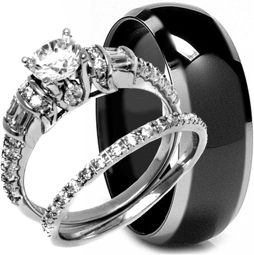 NYCJewelrydesign 3 Pieces Men's and Women's, His & Hers, 925 Genuine Solid Sterling Silver & Black Carbon Fiber Titanium Engagement Matching Wedding Anniversary Ring Set