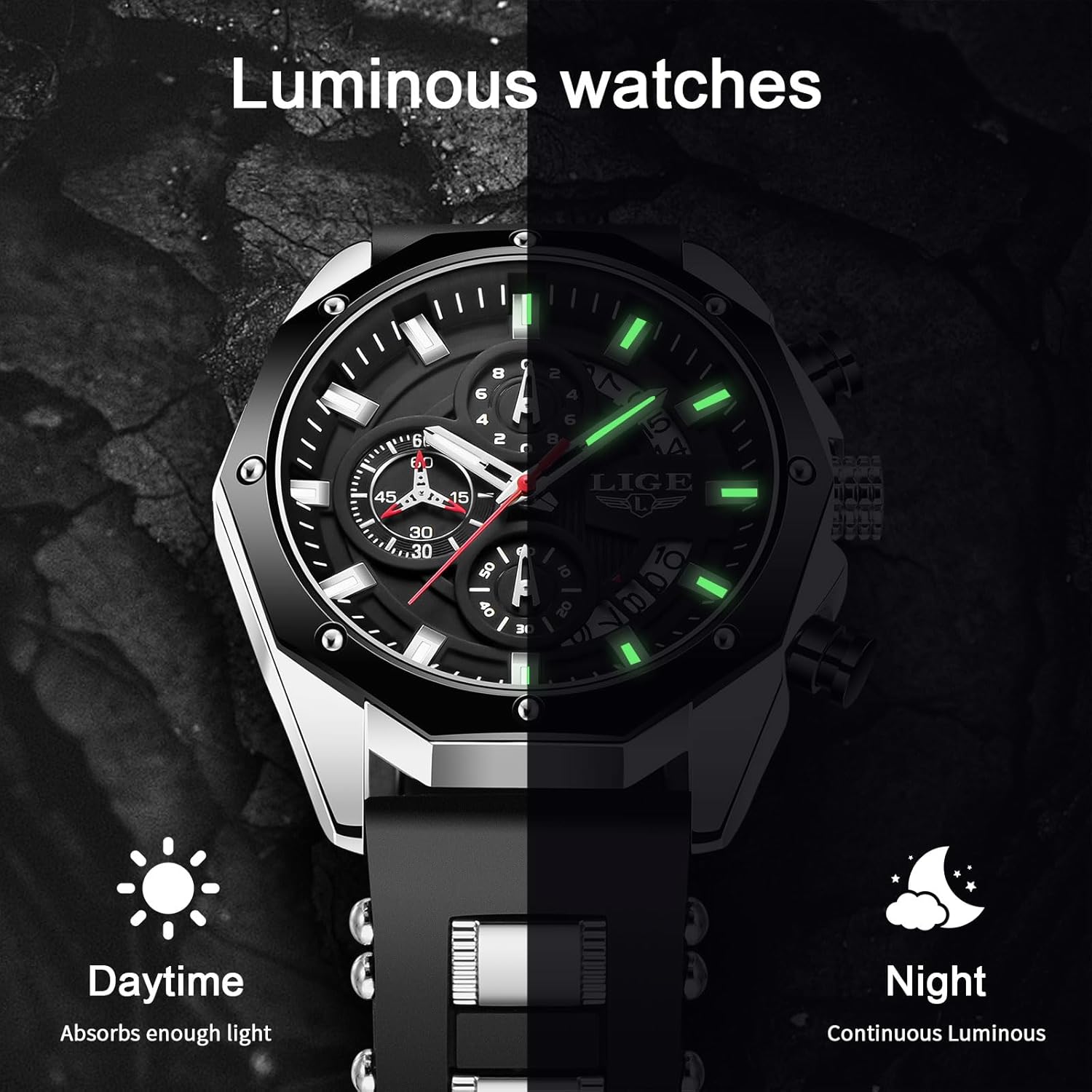 Luminous watch display in day and night conditions