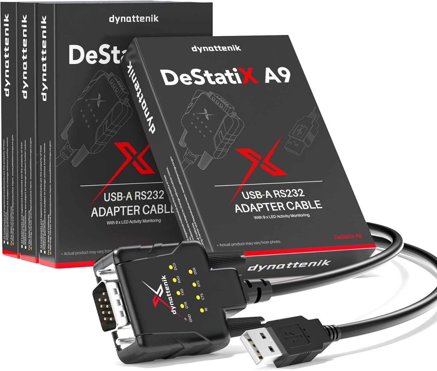 USB Serial Adapter Cable (DB9/RS-232, FTDI Chip) with 9 LED Indicators, Compatible with Windows 11, macOS 15, Linux – for POS, Service Team & Industrial Application (DeStatiX A9 Quad Pack)