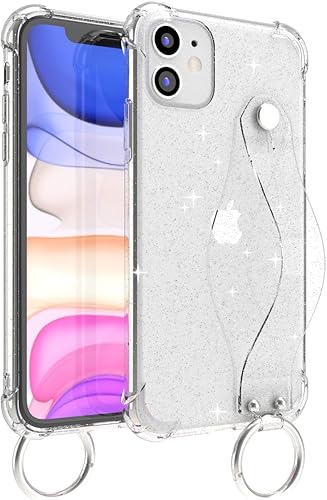 Wuwedo Funda transparente con purpurina para iPhone 14 con correa de mano, funda protectora de TPU flexible brillante con correa de mano ajustable y Wuwedo Funda transparente con purpurina para iPhone 14 con correa de mano, funda protectora de TPU flexible brillante con correa de mano ajustable y