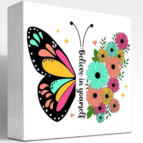 Letrero de madera con texto en inglés "Believe in Yourself", decoración de escritorio rústica motivacional para decoración de escritorio para el