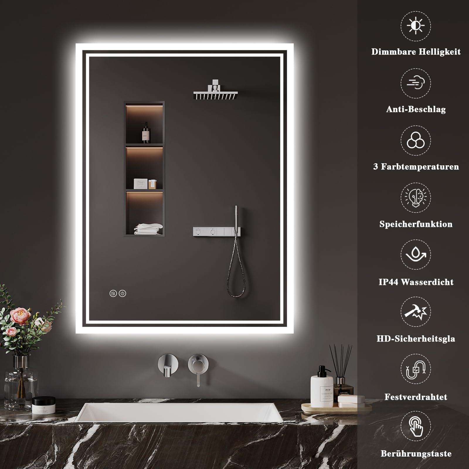 Badspiegel-mit-Beleuchtung 60x80cm: LED Badezimmer-Spiegel Badezimmerspiegel mit Beschlagfrei, Touch-Schalter, 3 Lichtfarben Dimmbar LED Spiegel Bad für Badezimmer