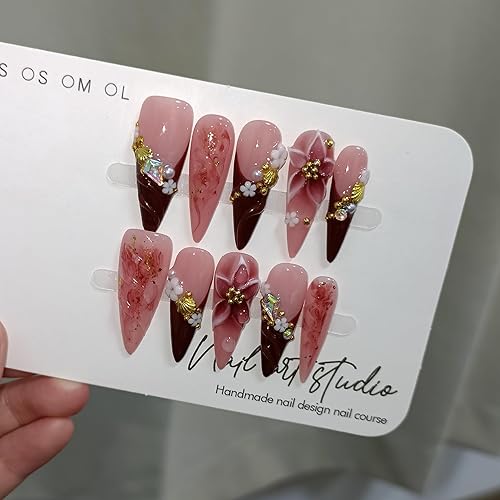 TENPAL Handmade Press on Nails Long Stiletto - Burgundy French