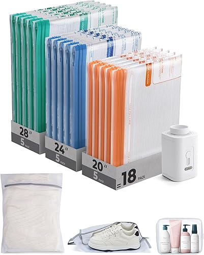 BAGSMART Bolsas de almacenamiento al vacío para viajes con bomba de aire recargable, paquete de 18 bolsas portátiles ahorradoras de espacio para