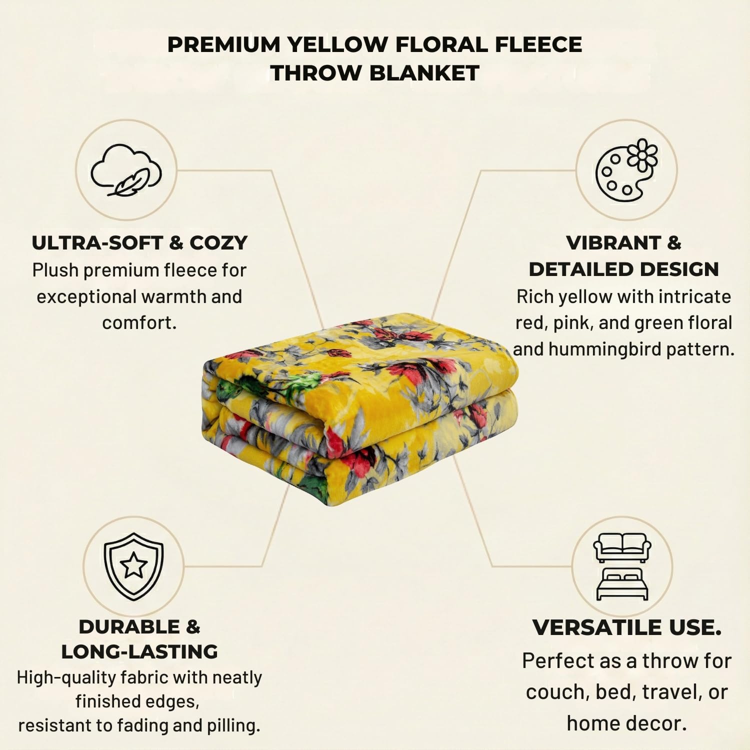 DaDa Bedding Tropical Farmhouse Hummingbird Throw Blanket - Rustic Yellow Fleece Bright Super Soft Faux Mink - Cozy & Lightweight - 63" x 90 - Image 9