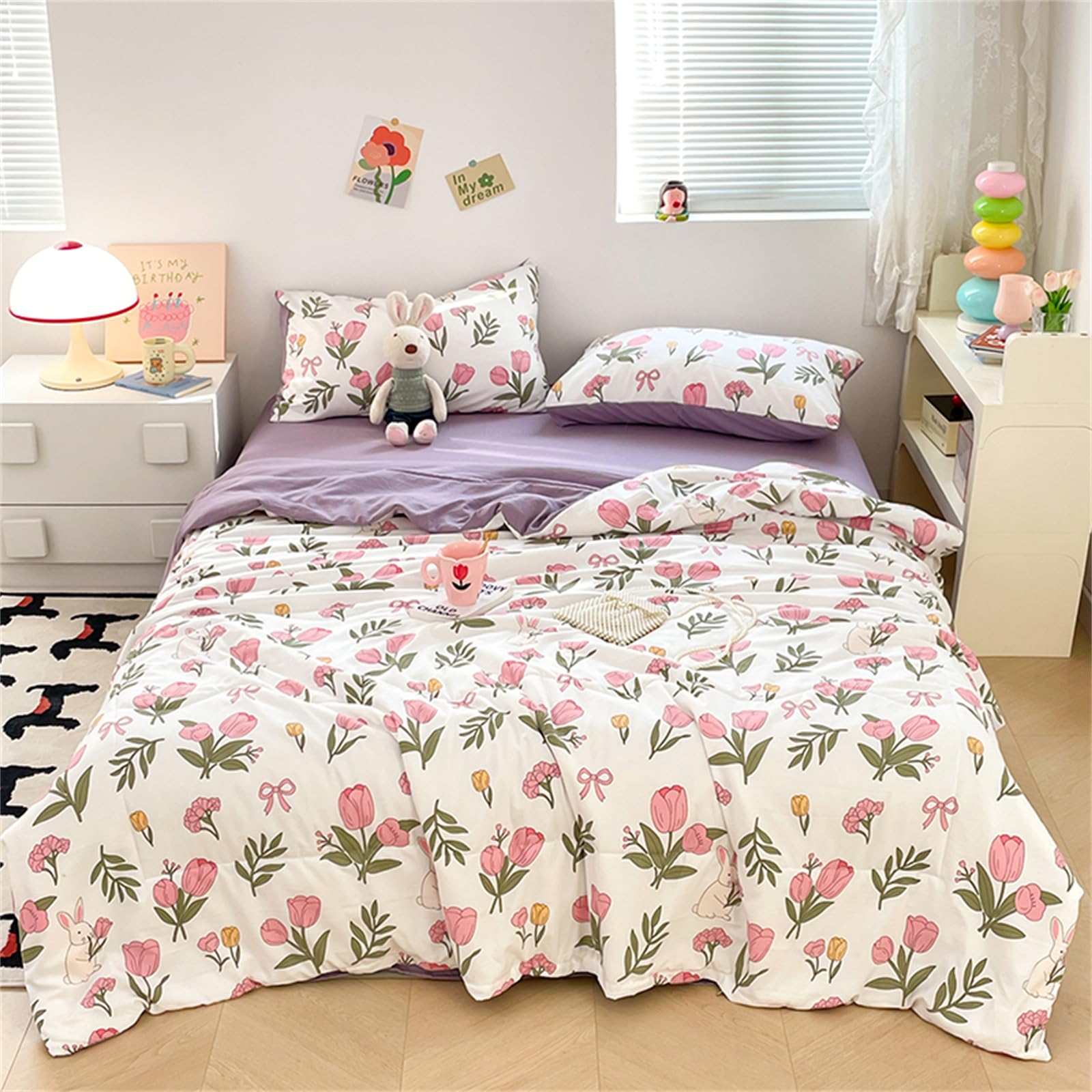 Odot Coverless Duvet 2.5 Tog Single Double King Size, Reversible Summer Quilted Duvet Cosy & Lightweight Quilt Breathable Bedspreads Quilted Throw for Beds (Carnations,200 * 230cm)