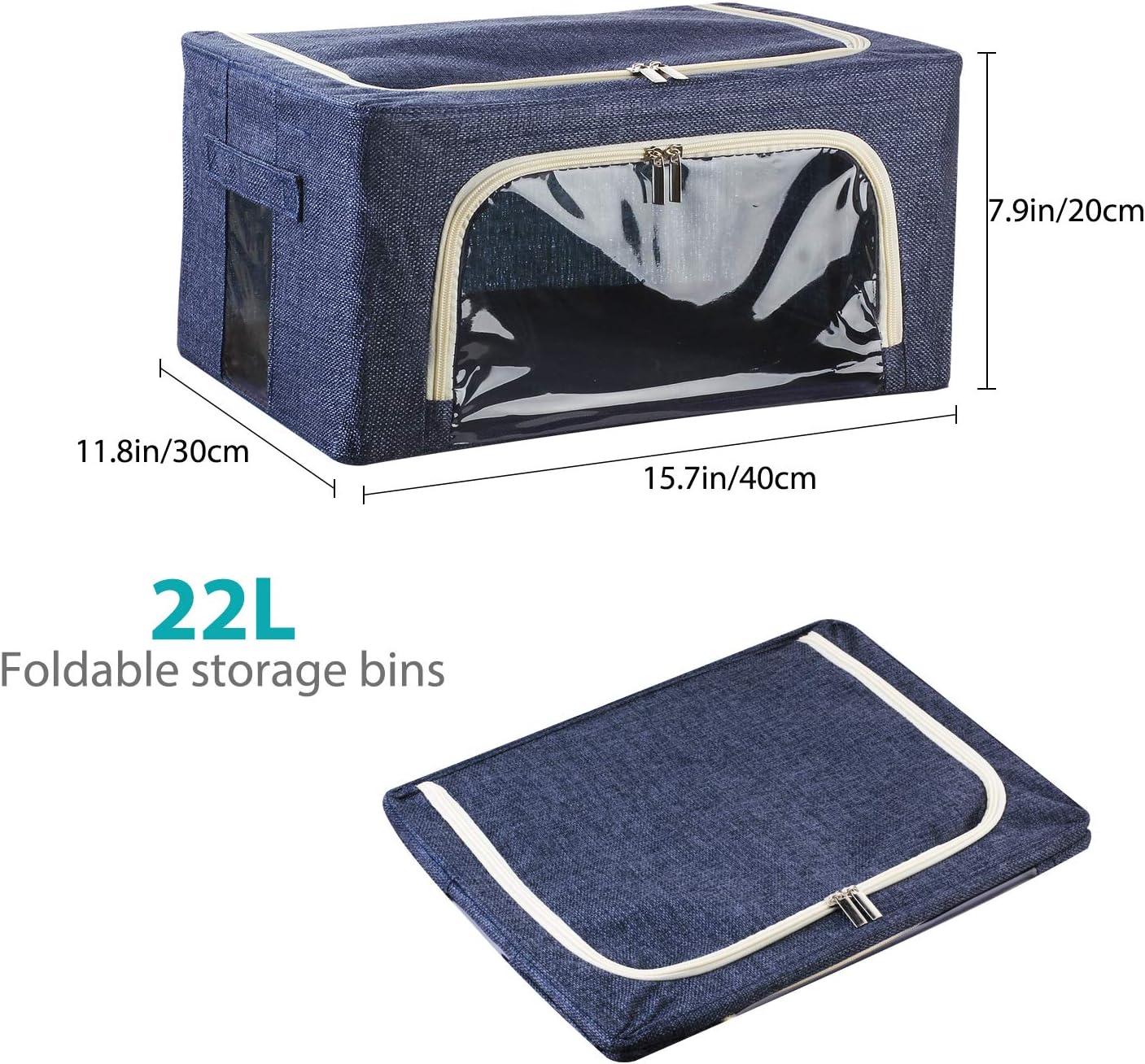 Awekris 2 Pack Stackable Storage Bins Box, Foldable Clothes Organizer with Clear Window & Carry Handles, Great for Clothes, Blankets, Closets, Bedrooms and More Medium (Navy Blue)