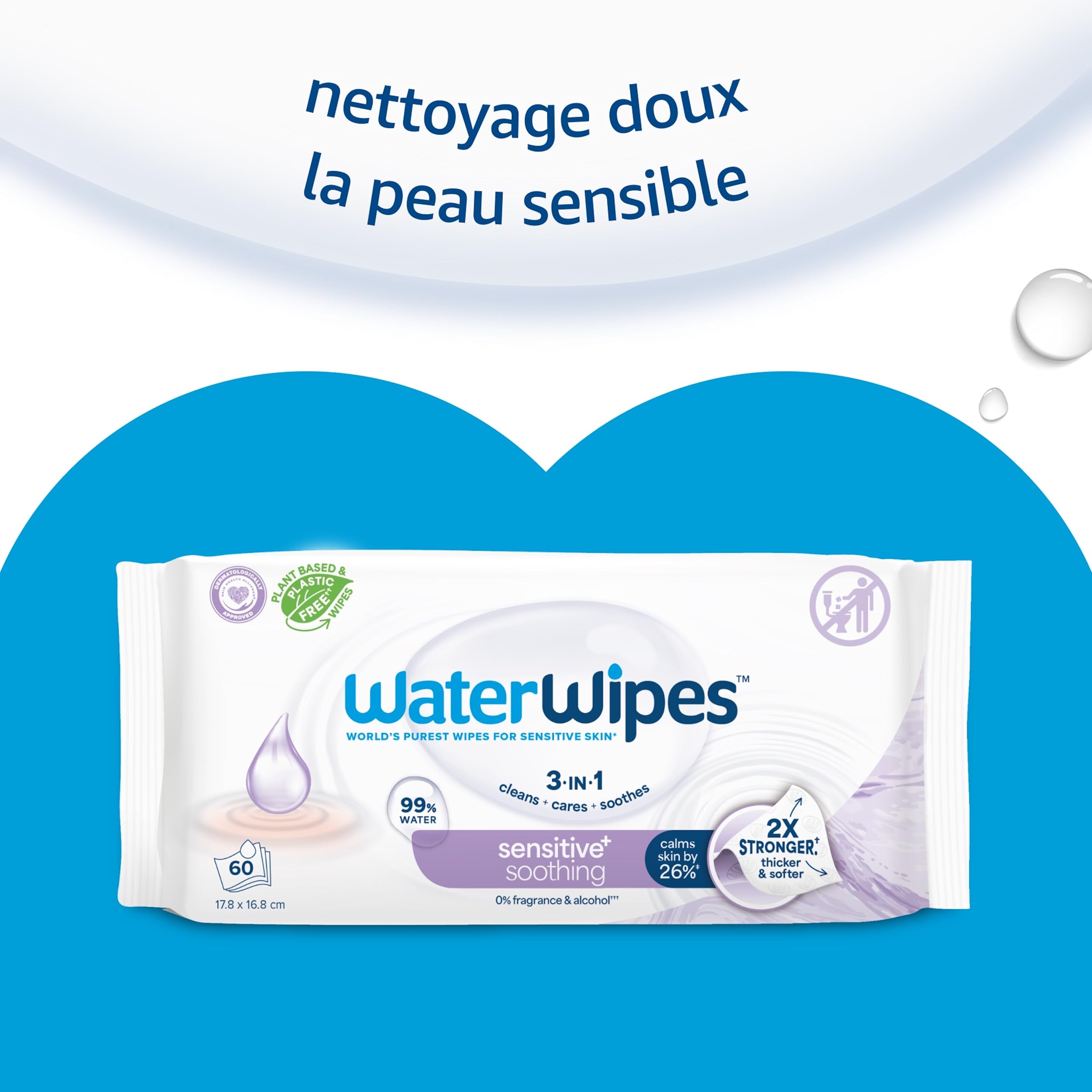 WaterWipes Sensitive+ Soothing Clean Wipes, Lingettes Apaisantes, 720 unités (12 paquets), 3-en-1 nettoie, soigne, apaise, 99% d'eau avec extraits botaniques, non parfumées