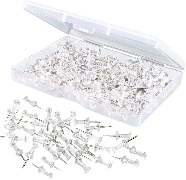 Push Pins, Premium Thumb Tacks Push Pins for Notice Board, Drawing Pins, Board Pins, Cork Board Pins, Map Pins, 100Pcs Clear Push Pins for Pinboard, Bulletin Board, Bulk Push Pins with Storage Box