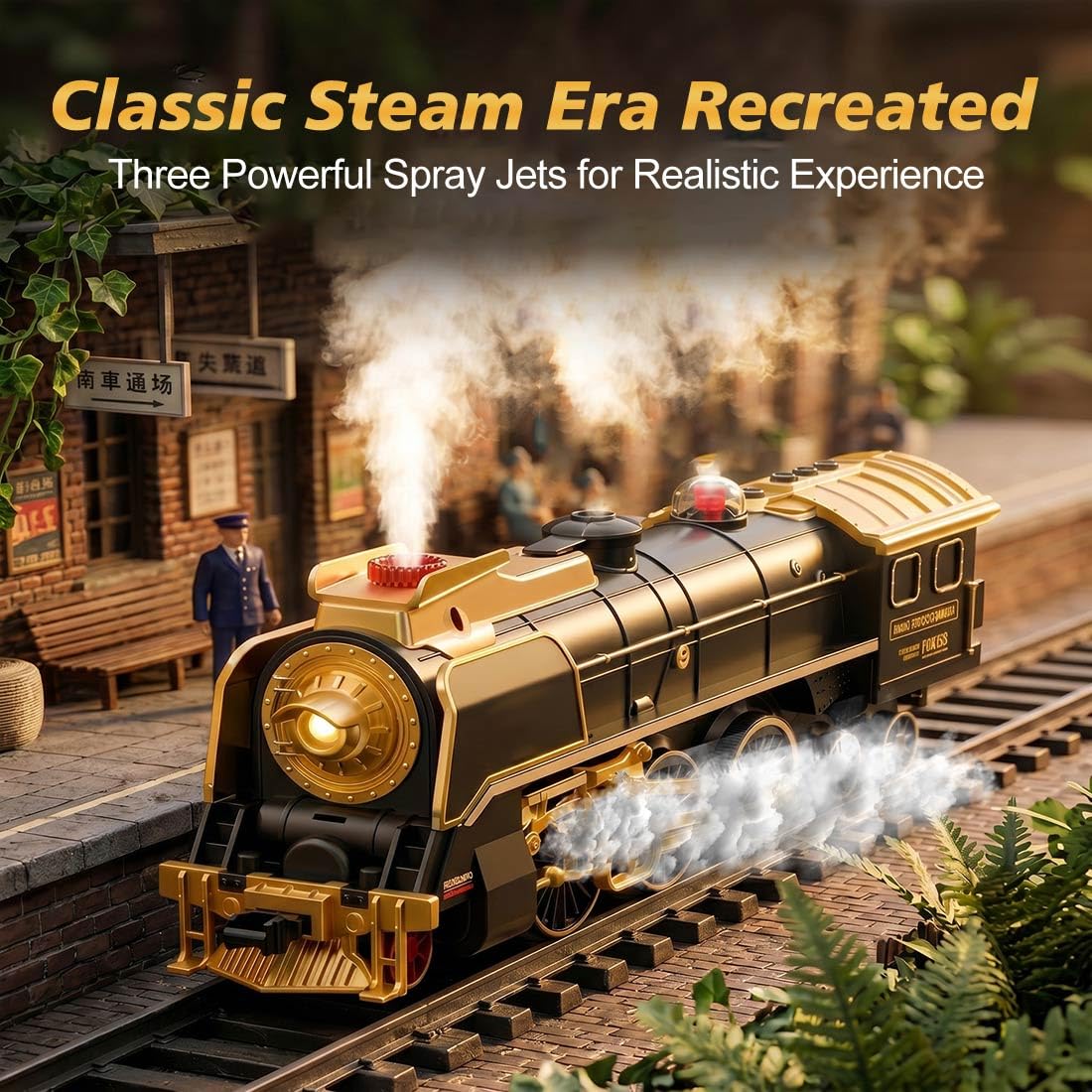 Train à vapeur électrique, locomotive vintage avec effet fumée, kit de train RC avec chariot ferroviaire, long chemin de chemin, marche avant et arrière, effet sonore 801B-1