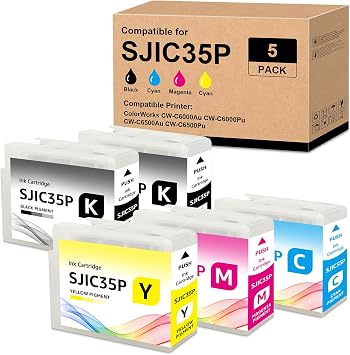 Remanufactured SJIC35P Ink Cartridge Replacement for SJIC35P C13T44B120 C13T44B220 C13T44B320 C13T44B420 for CW-C6000Au CW-C6000Pu CW-C6500Au CW-C6500Pu 5 Pack, 2BK 1C 1M 1Y