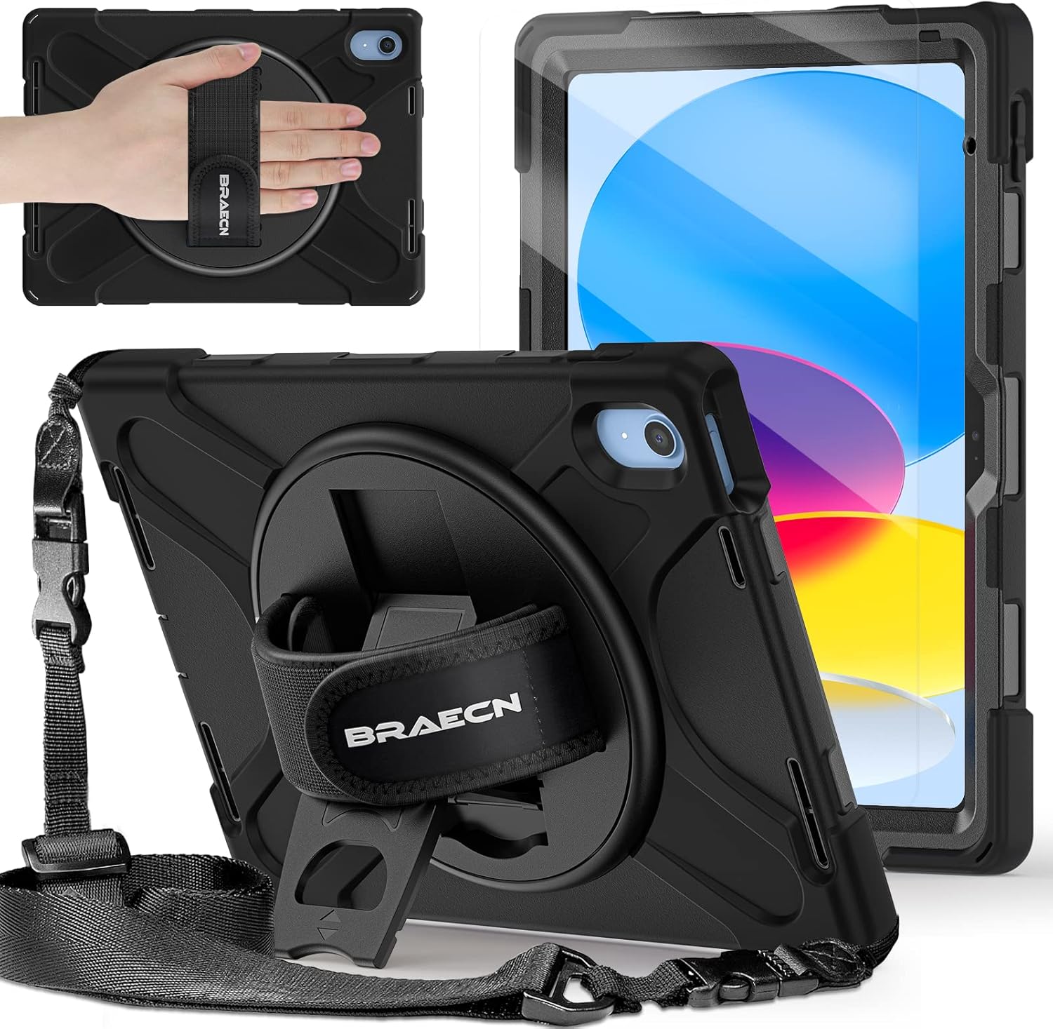 BRAECNstock for Apple iPad (A16) 11th/10th Generation Case 11"/10.9" 2025/2022, Shockproof Protective Case with Screen Protector, Pencil Holder, 360° Rotating Stand & Hand Strap, Shoulder Strap, Black