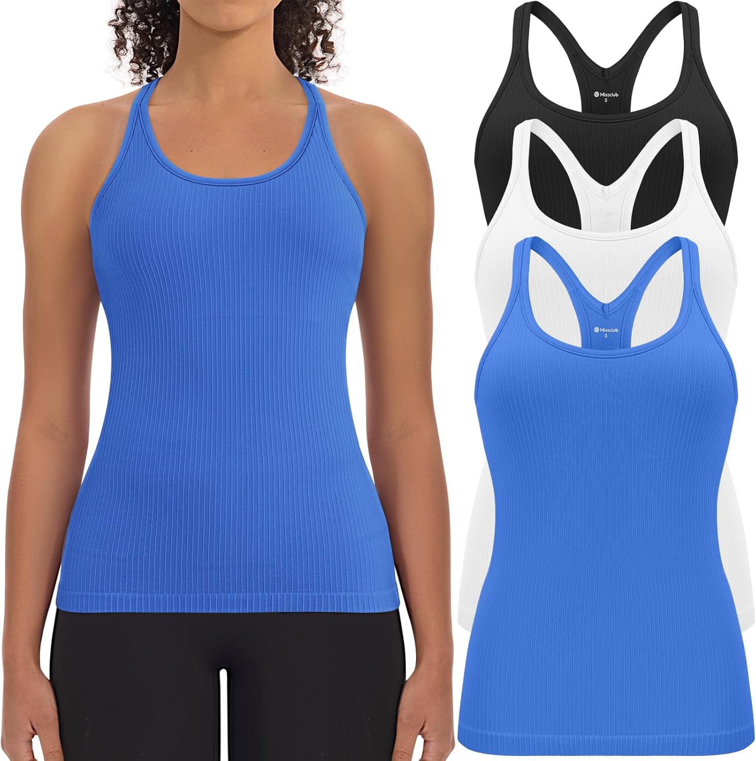 3 Pack Workout Tank Tops for Women with Built in Bra Ribbed Seamless Racerback Athletic Running Gym Yoga Tops