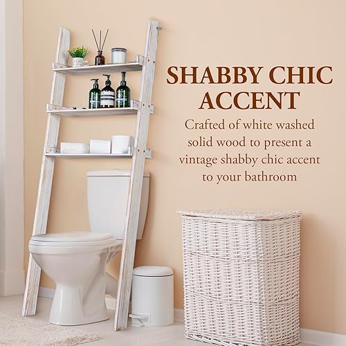 Miniatura 4 de MyGift Escalera decorativa de madera maciza lavada de 5.5 pies de alto sobre el inodoro, organizador de baño de 3 niveles, estantes de