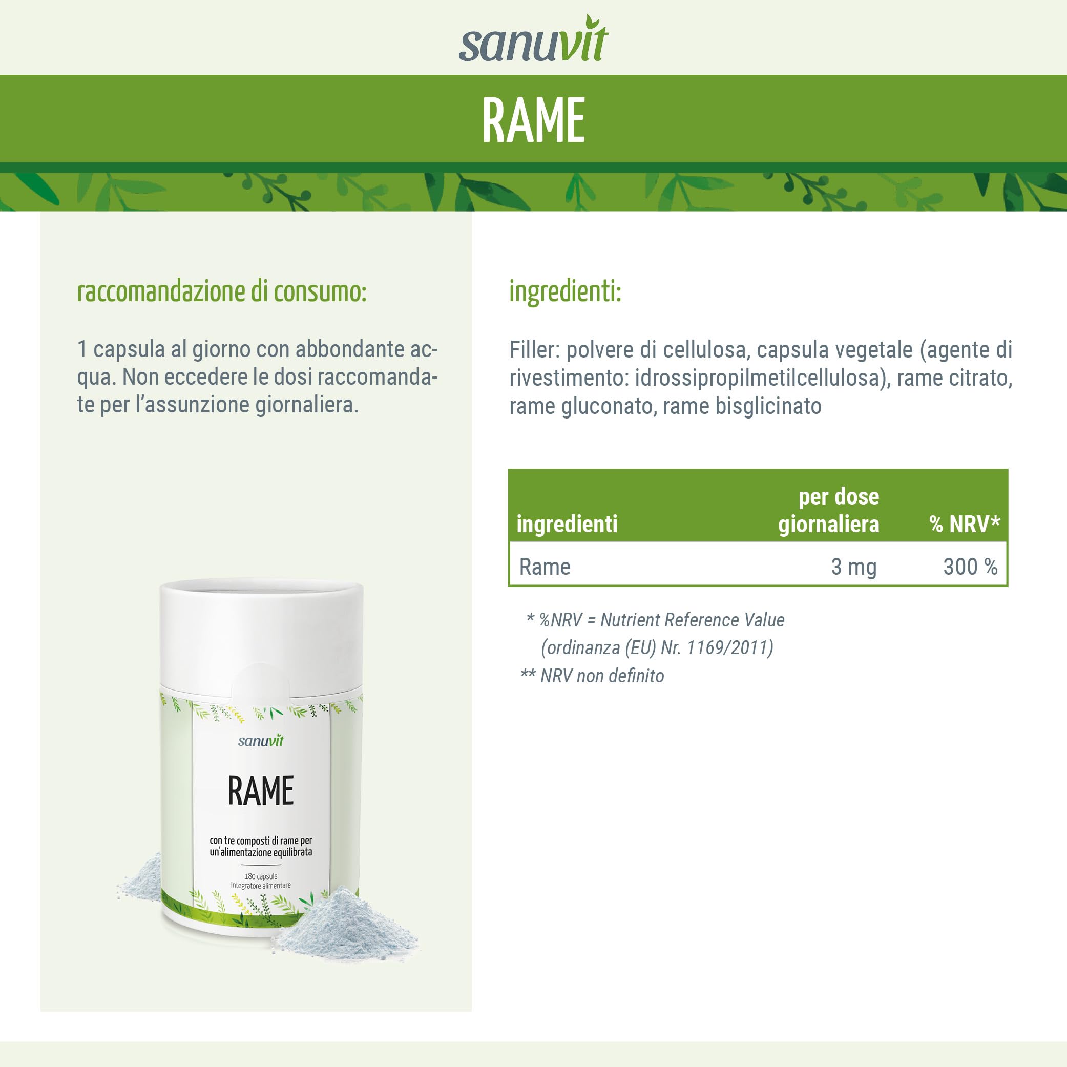 Sanuvit® - Rame 3mg | 180 capsule | Alta biodisponibilità | Citrato di rame ad alto dosaggio con 3 mg di rame di alta qualità per capsula | vegano