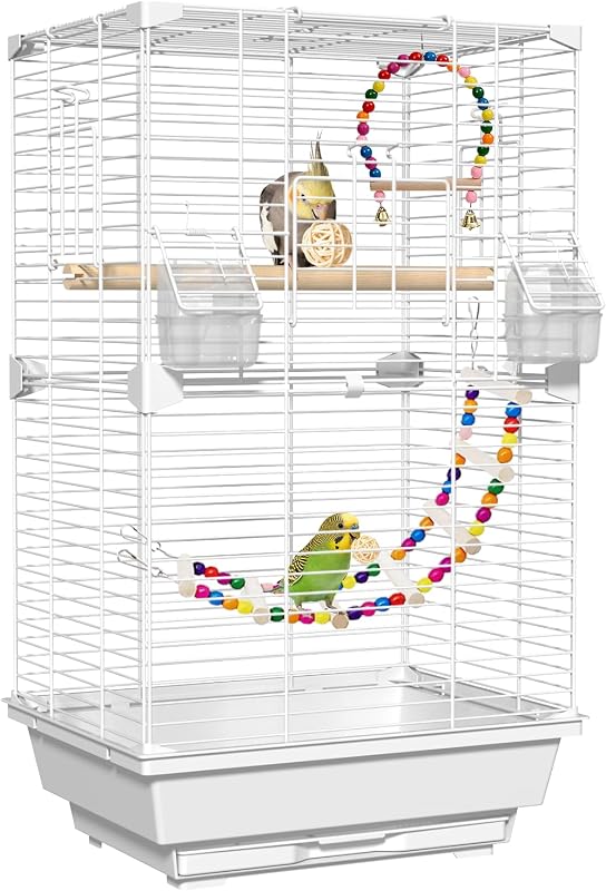 24.8 in Bird Cage, Medium‑Small Parakeet Cage with Expansion Ports(White) | With Ladder,Swing,Perch,2 Feeders Removable Tray, Easy to Clean for Cockatiels, Lovebirds,Parrot Small Mid-Sized Birds