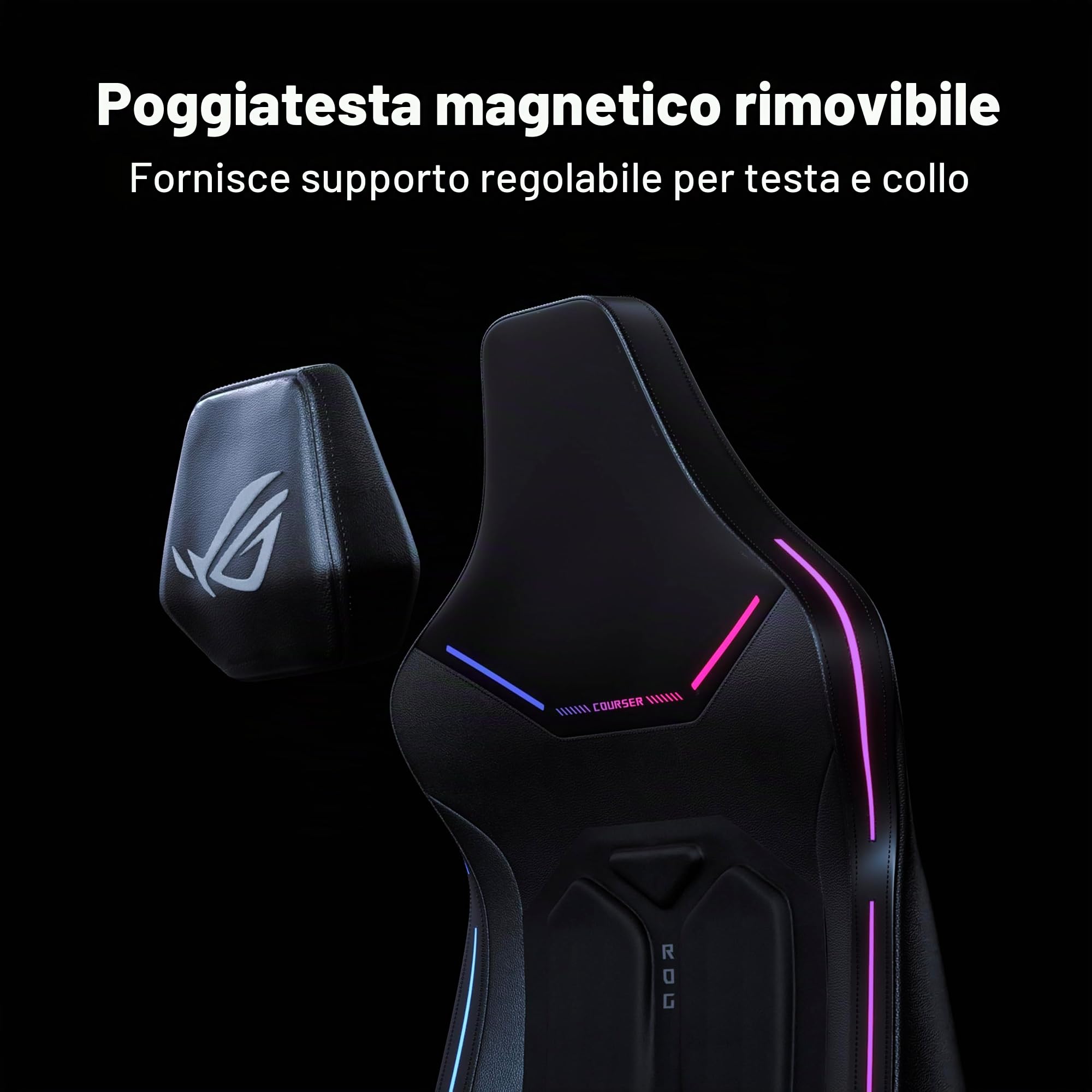 ASUS ROG COURSER, Sedia Gaming Ergonomica, Supporto Lombare, Nera | Braccioli 4D Girevoli, Poggiatesta Magnetico, Ampia Seduta da 55cm, Illuminazione RGB, Peso Massimo Supportato 136kg