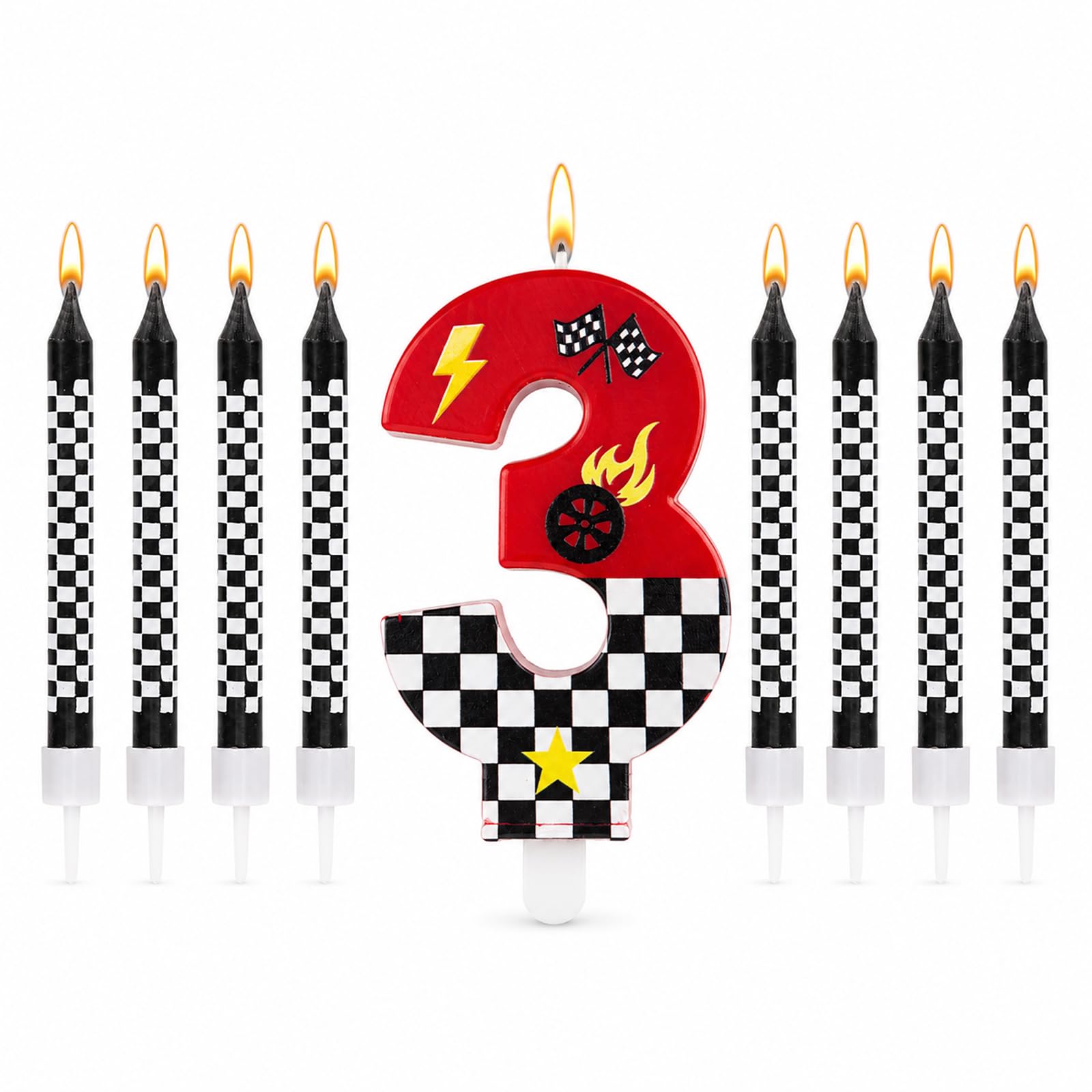 Bolosa 9 Pcs 3rd Birthday Candles, Number 3 Candle Racing Car Birthday Decorations, Racing Birthday Candles Checkered Flag Cake Topper Set, 3rd Birthday Cake Candles for Boys Girls Race Party