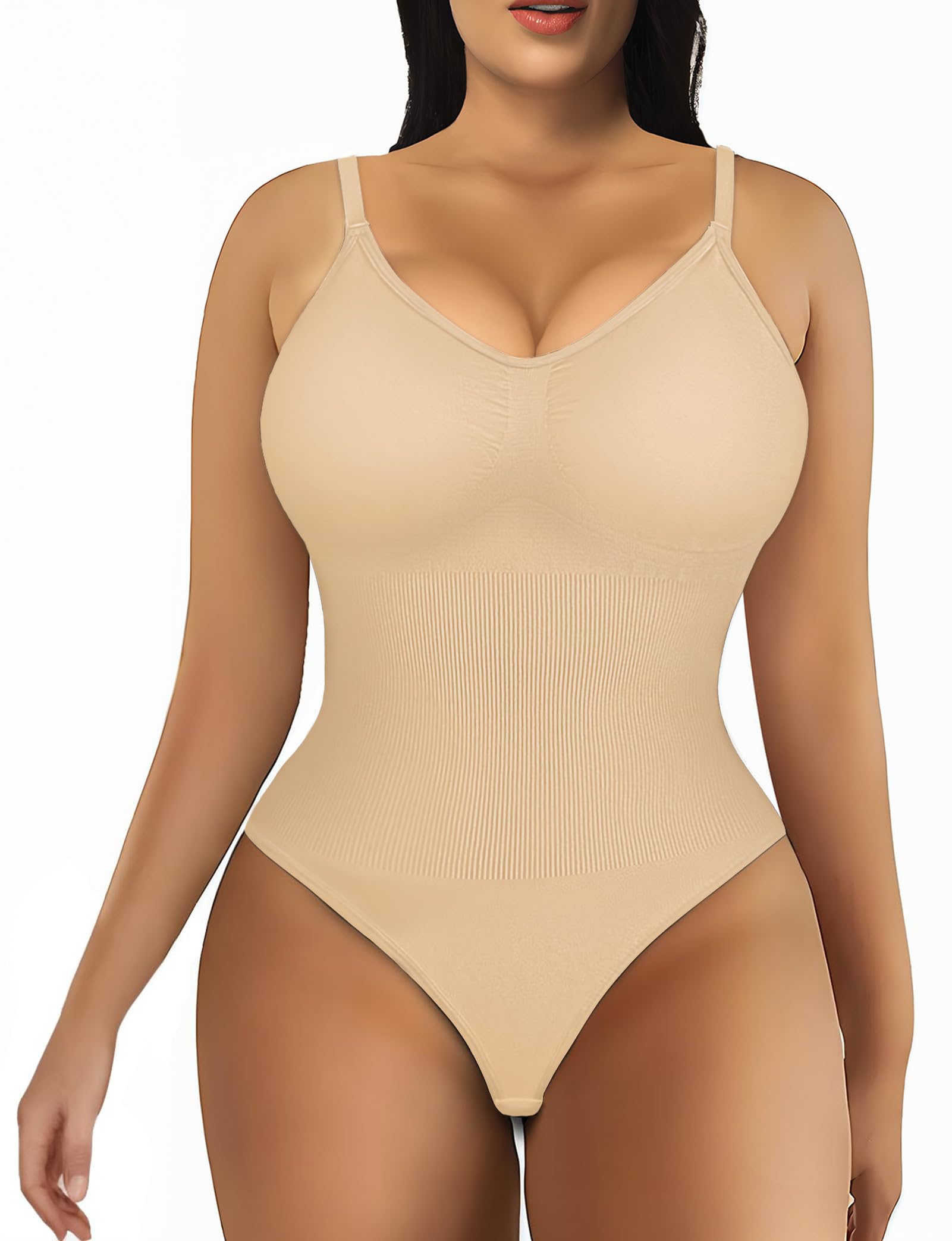 MooonGemThong Shapewear Bodysuit for Women Tummy Control, Black Bodysuit for Women, Seamless Body Shaper V Neck Tank Top