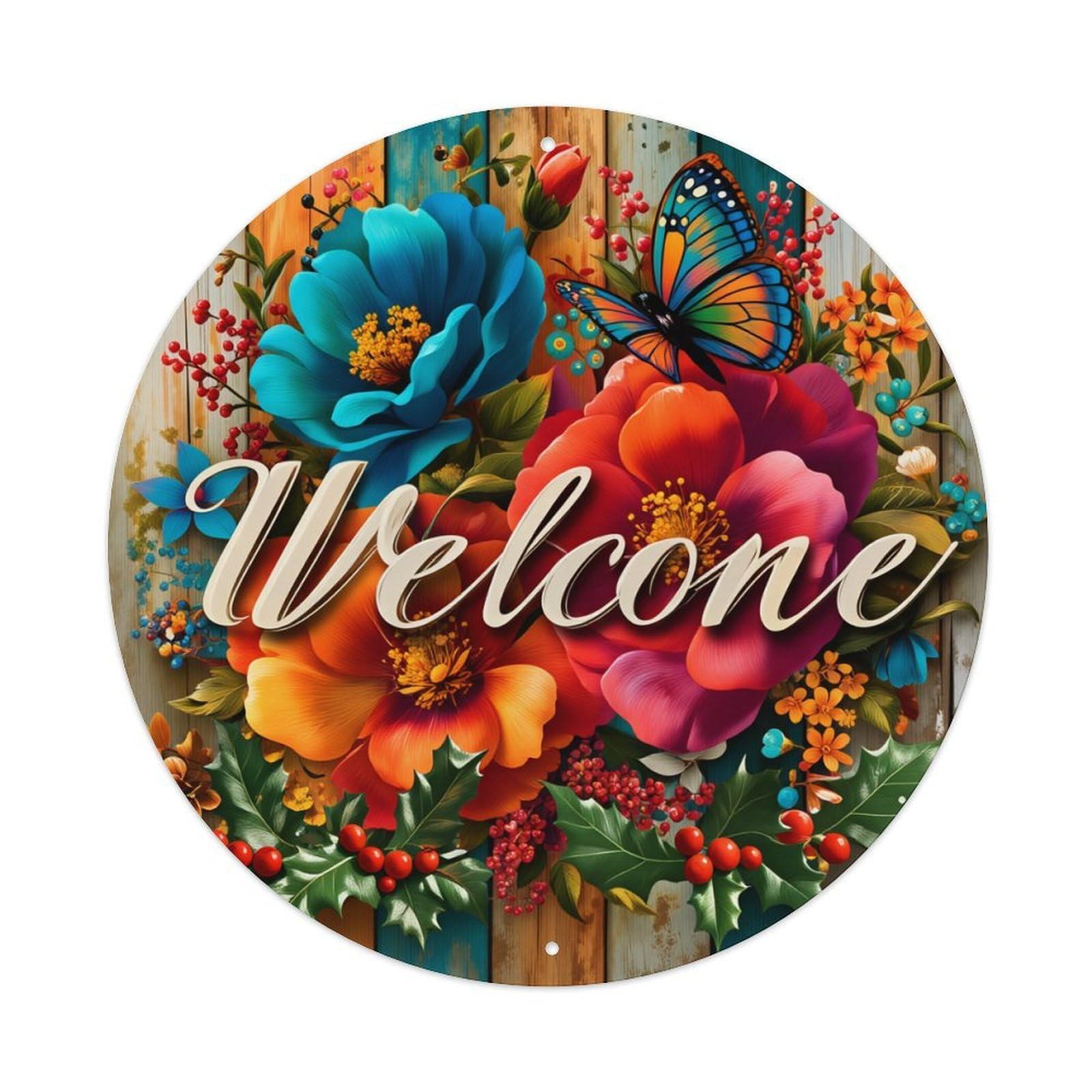 Floral Welcome Butterfly Wood Background Round Tin Sign Vintage Metal Poster, Home Bar Garage Man Cave Cafe Indoor & Outdoor Wall Decoration 8x8Inches