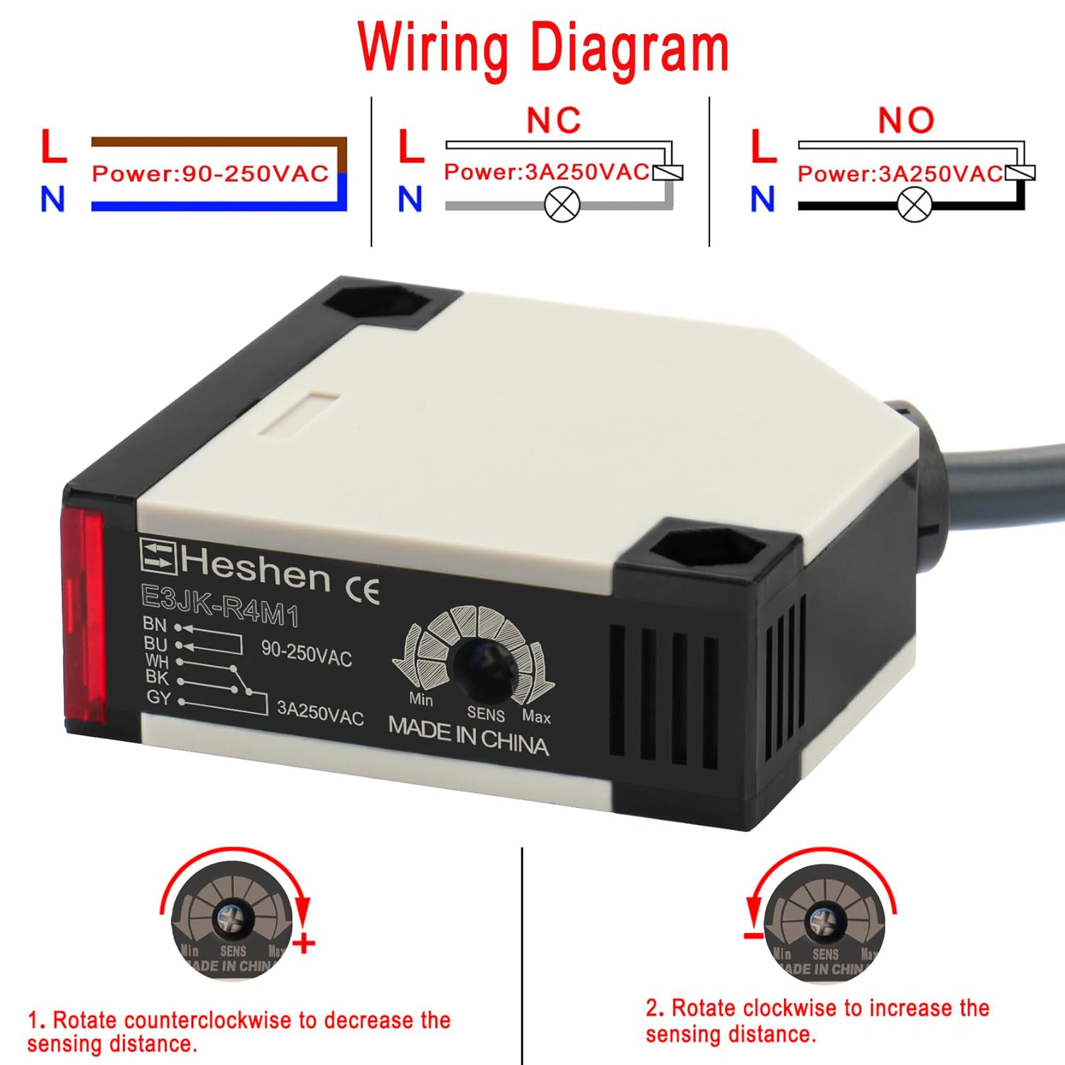 Wiring diagram for Heschen E3JK-R4M1 showing connections for power (L, N) and output (NO, NC) with a load. Also shows sensitivity adjustment dial.