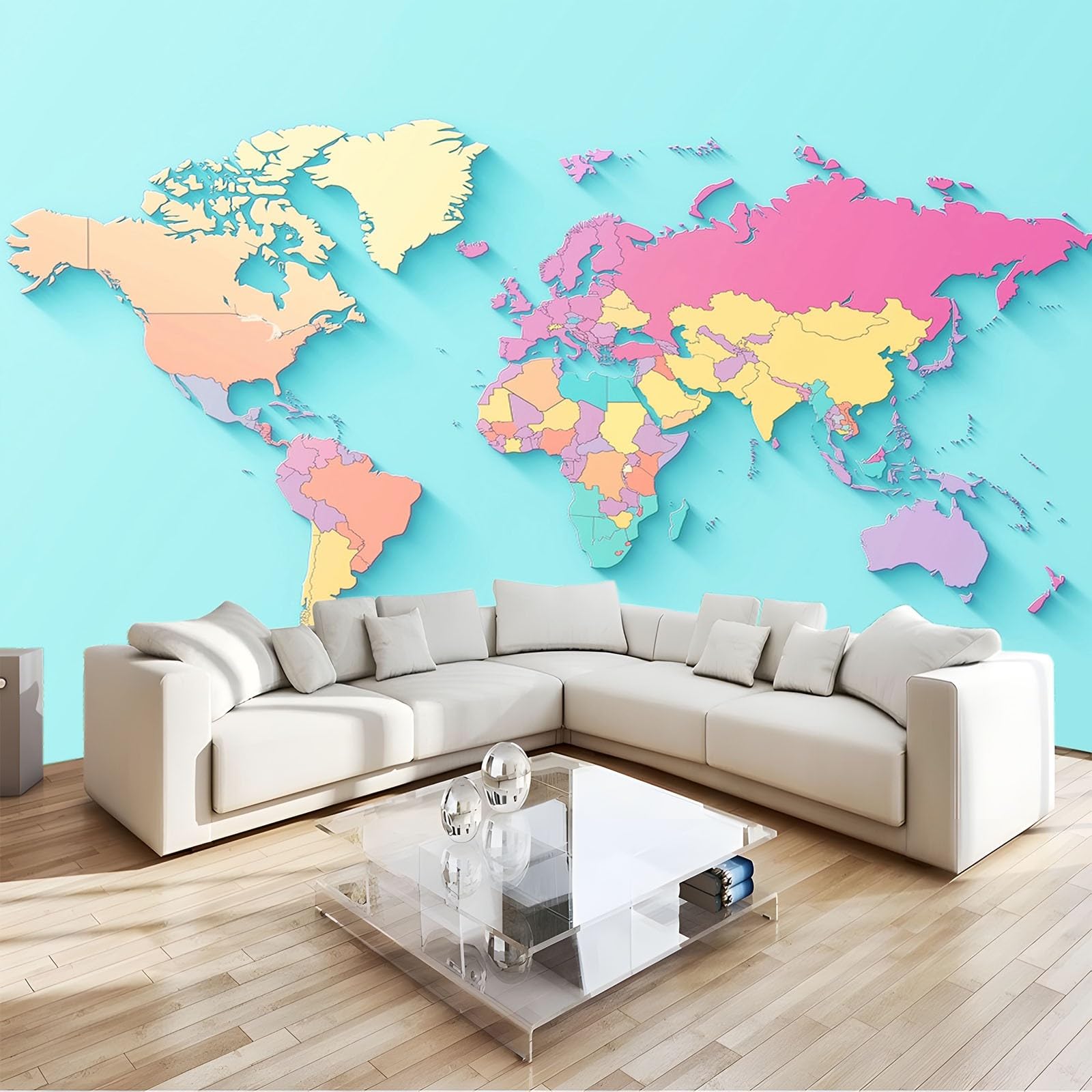 Tapeta kolorowa mapa świata 350 x 256 cm zdjęcie plakat mural tapeta, DIY sztuka ścienna mural wodoodporne tapety ścienne, do salonu sypialni przedszkola tło telewizora wystrój domu