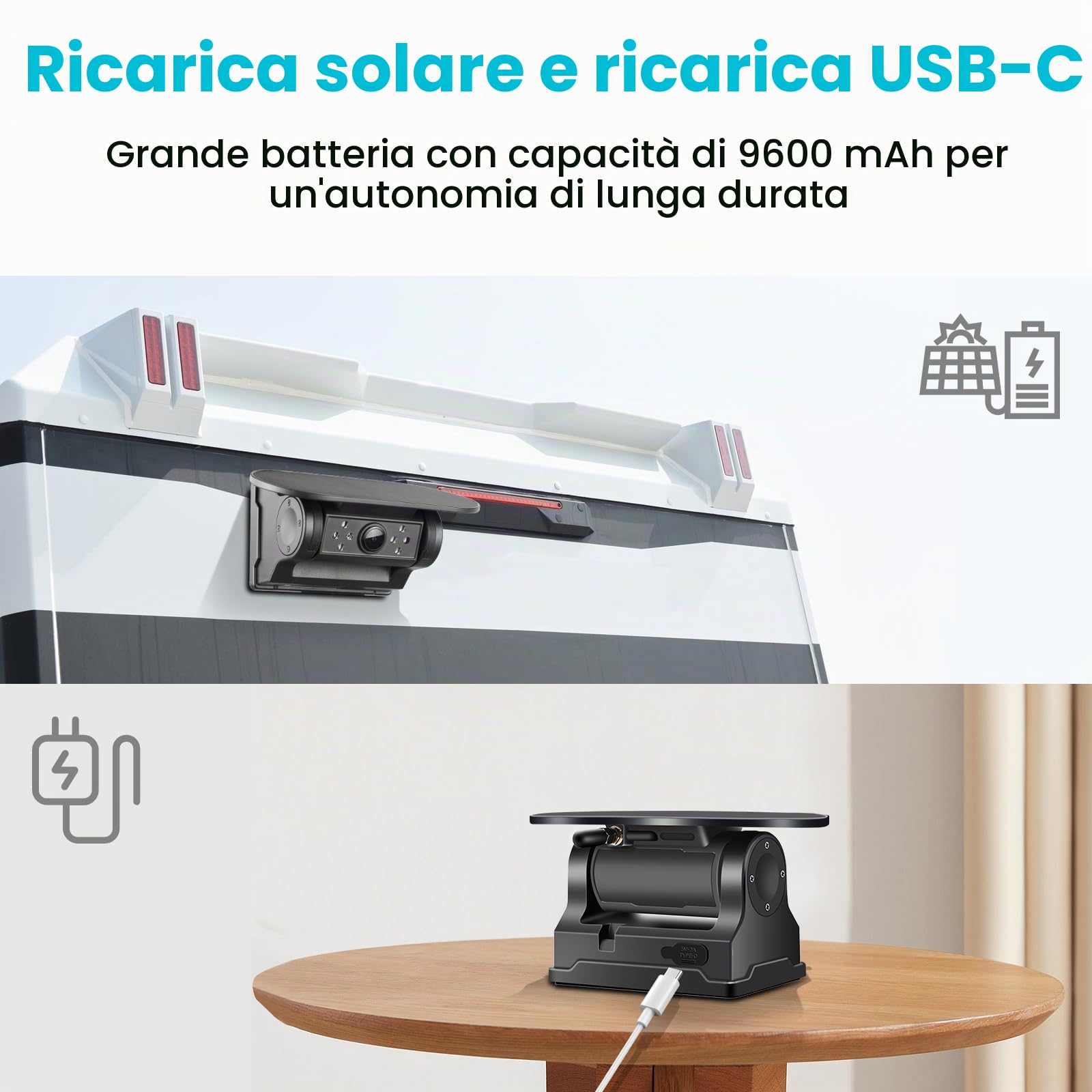 Telecamera di retromarcia WiFi solare, telecamera di retromarcia magnetica wireless, FHD 1080P IR visione notturna IP69K impermeabile, per iPhone Android, ausilio al parcheggio auto, camper