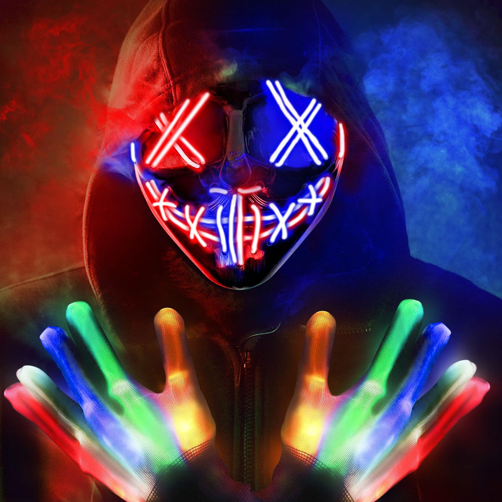 ZQEJEFD Máscara de Halloween de Miedo Guantes de Esqueleto para Mujeres y Hombres, Máscara de Purga LED de 3 Modos, Mascaras Espeluznante con Guantes LED para Fiestas de Disfraces Halloween, Cosplay