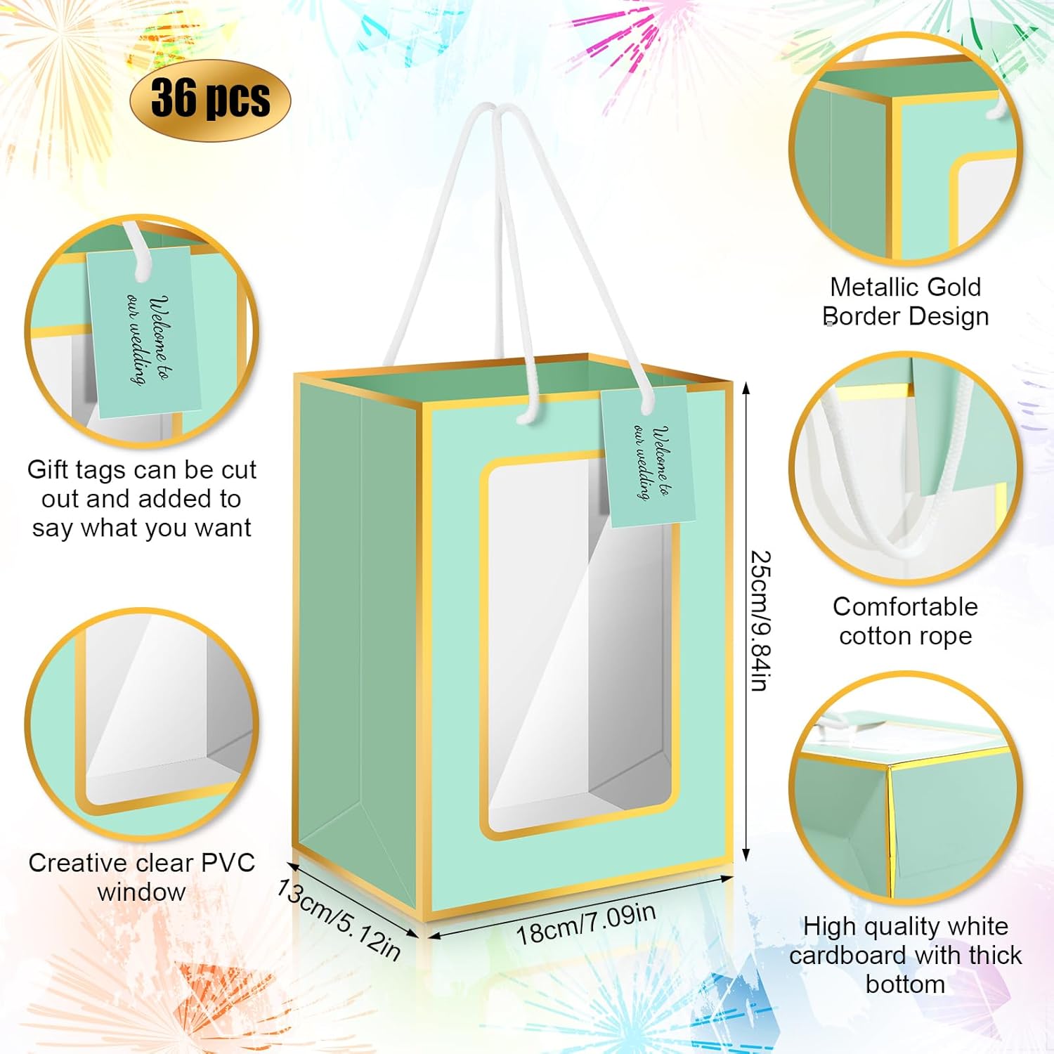 Affrolling 36 Pcs Sage Green Kraft Paper Gift Bags with Clear Transparent Windows, Handles and Tags 7.1 x 5.12 x 9.84 Inch Clear Gift Bags for Wedding Mother's Day Gift Wrap