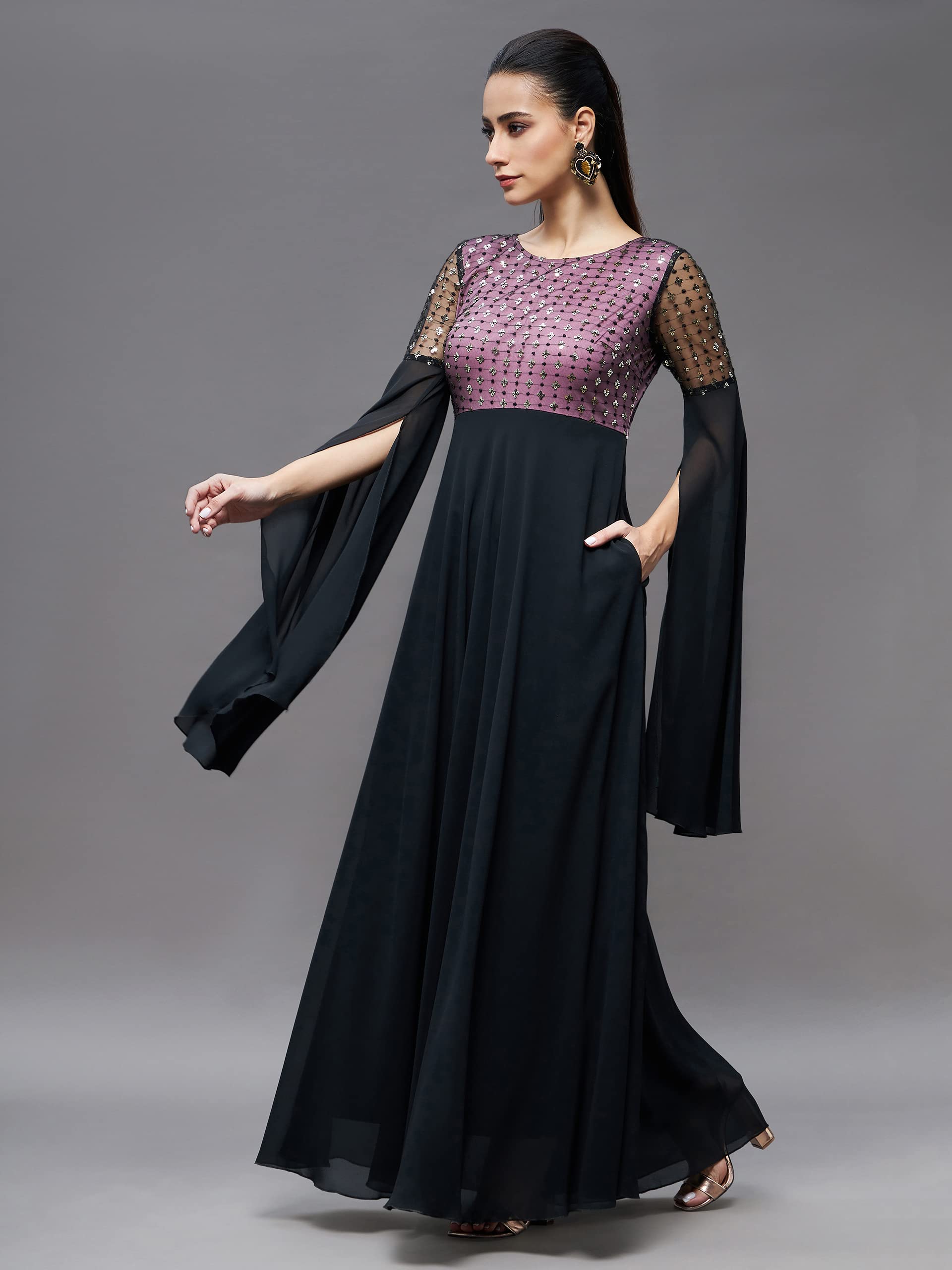 Miss Chase Women's Black & Lavender Relaxed Fit Maxi Georgette & Sequins Dress (Mcss22D06-46-245-02, Black & Lavender, Xs)