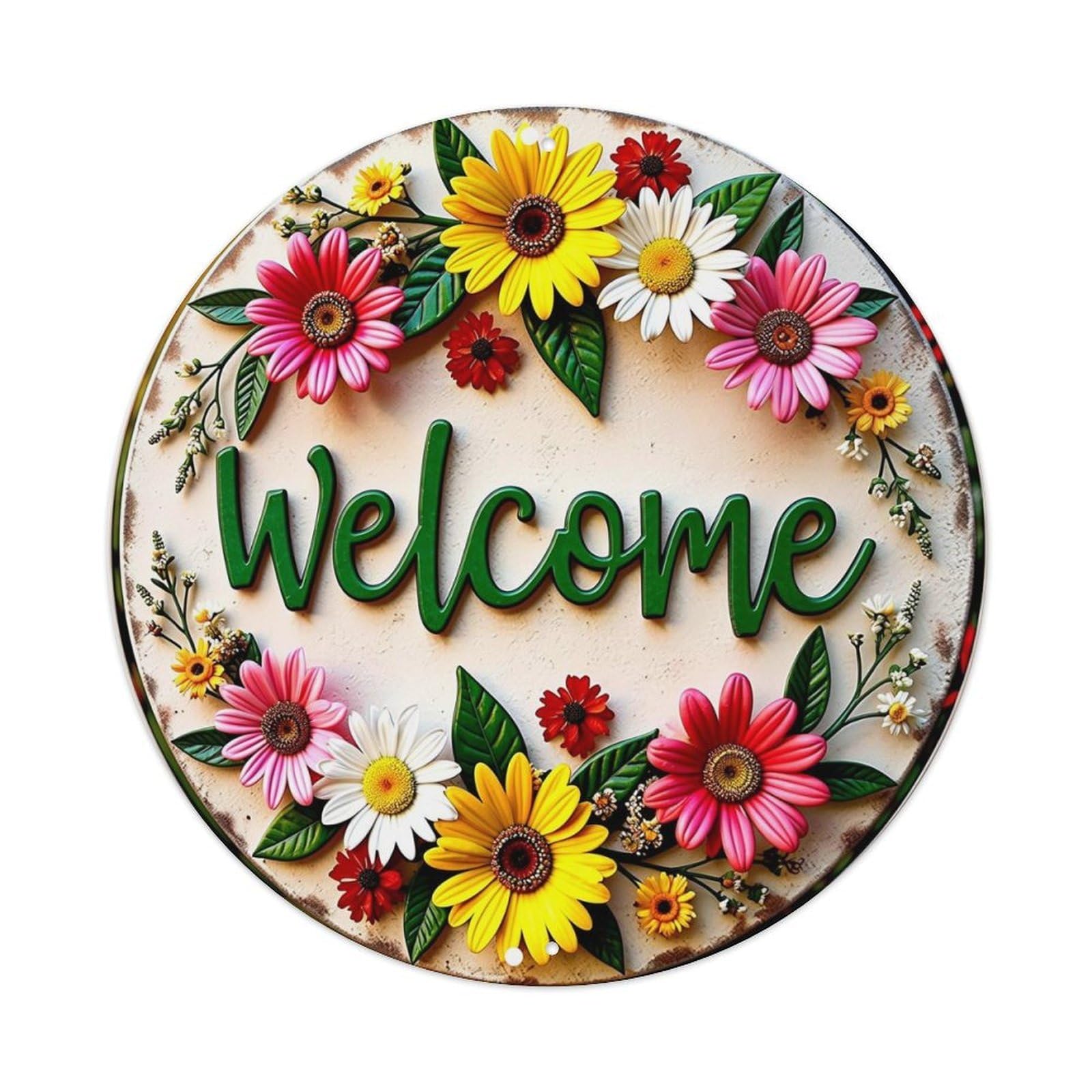 Floral Welcome Sign Pattern_1 Round Metal Tin Sign Vintage Wall Decor, Bar Garage Cafe Kitchen Home Wall Art Poster 8x8inches