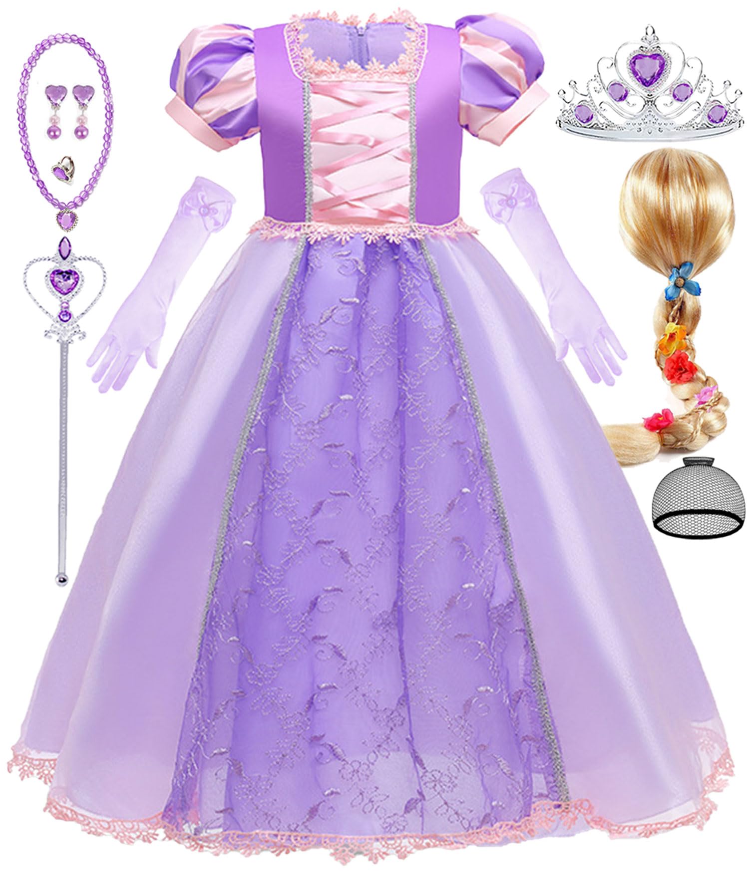 Luzlen Purple Princess Costume for Girls Kids Dress up Outfit with Wig Halloween Birthday Party