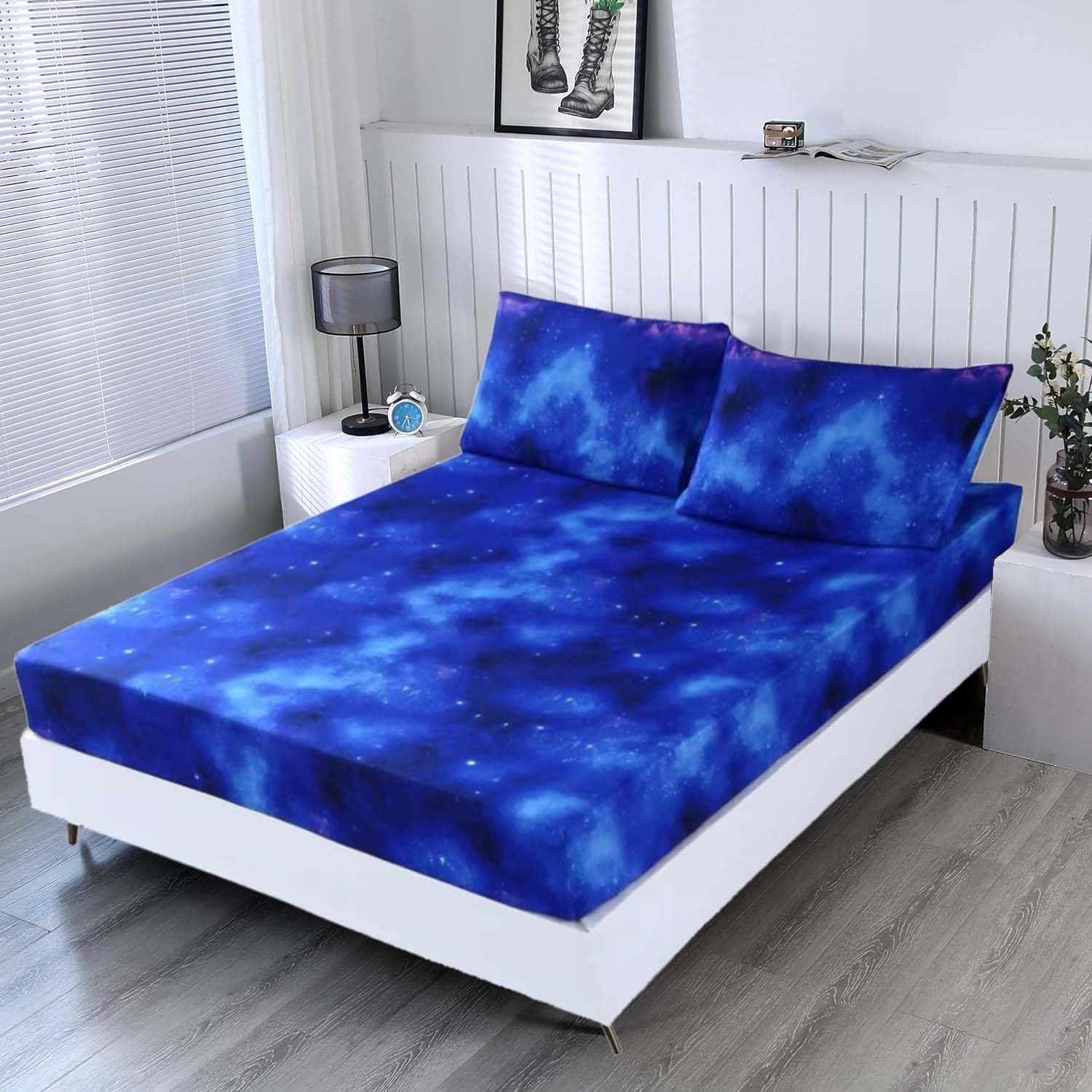 SDIII 3PCS Blue Space Queen Fitted Sheet Set, Bed in a Bag Galaxy Fitted Queen Sheet, Soft Microfiber, Queen Deep Pocket Sheet Set for Kids Boys and Girls, 1 Fitted Sheet and 2 Pillowcases