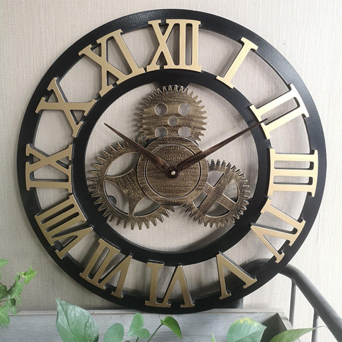 Reloj de Pared Creativo Industrial Mecanismo de Engranajes, Color Dorado, Material Metal y Madera, sin Ruido para Oficina y Sala Moderna