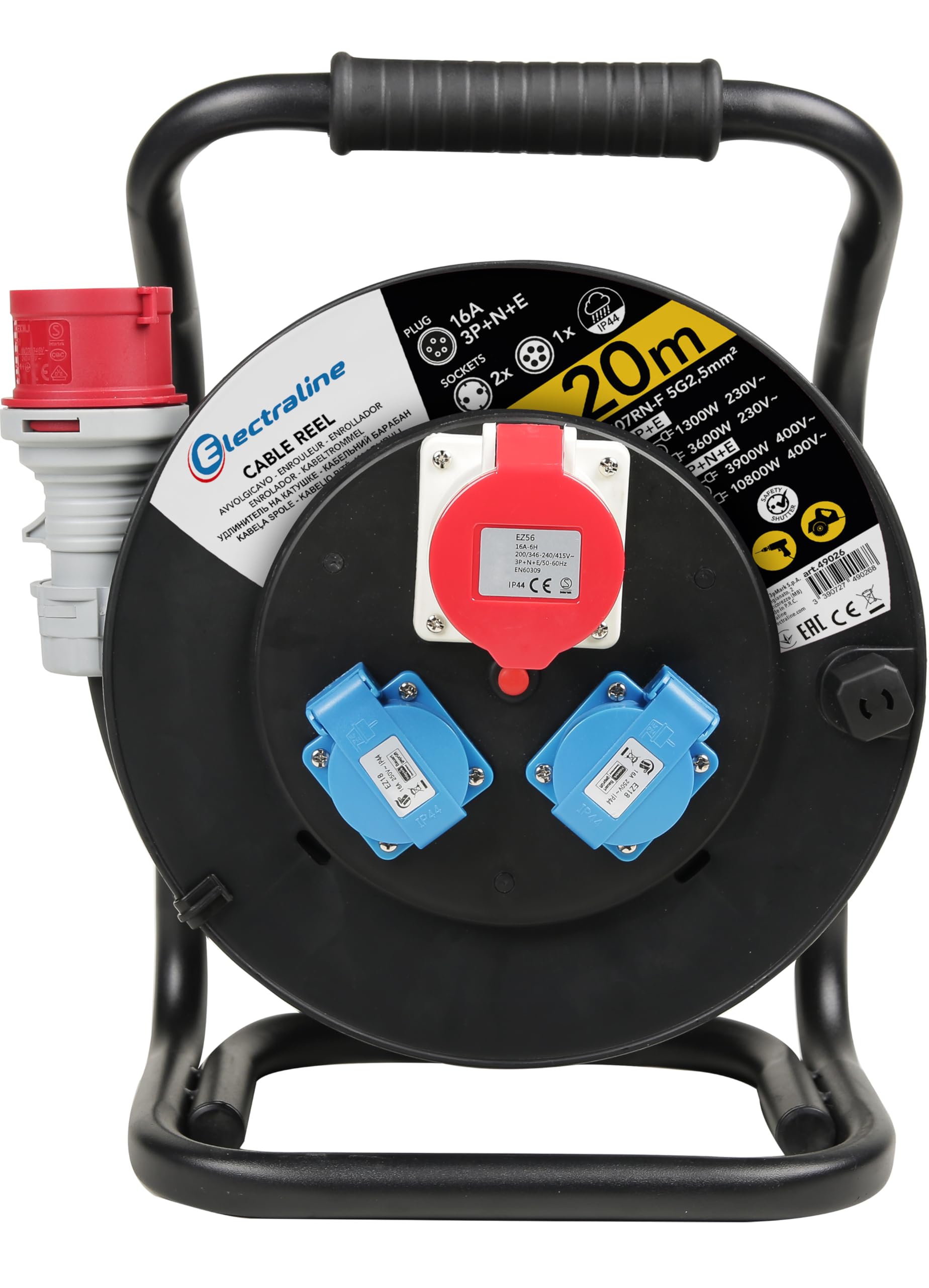 Electraline 49026LV Carrete de Cable Profesional con extensión de Goma, 20 m, H07RN-F, sección Transversal 5G2,5, para Obras y áreas de Trabajo, IP44, Negro